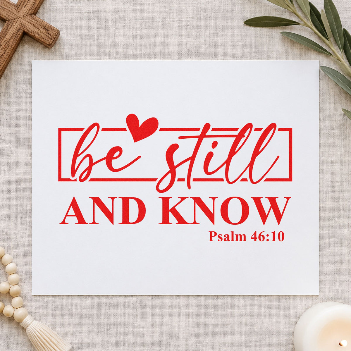 Be Still Heart Frame rubber stamp shown in red ink, stamped for projects such as hospital chaplain notes.