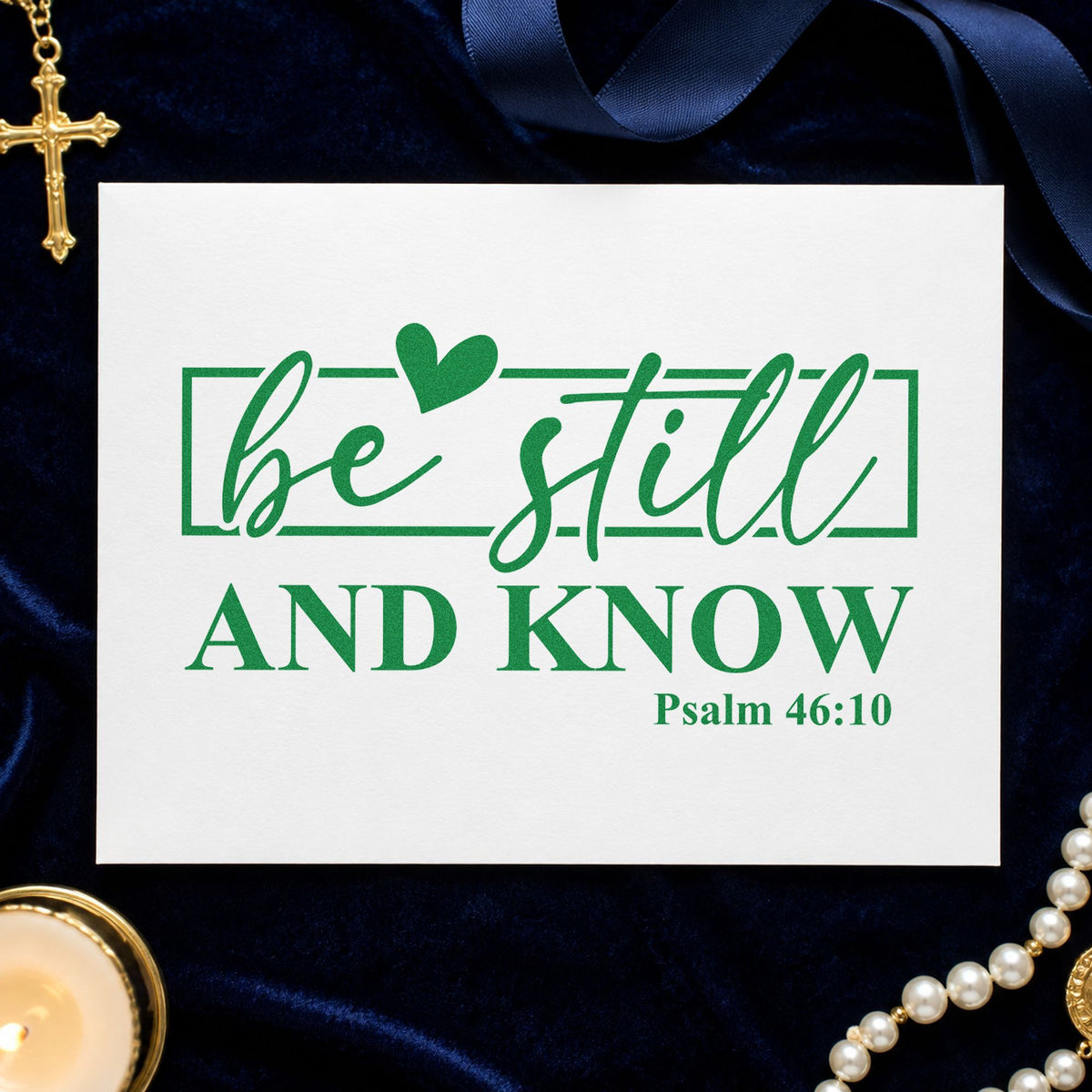Be Still Heart Frame craft stamp imprint in green ink on a handmade project, one idea being framed bedroom art.