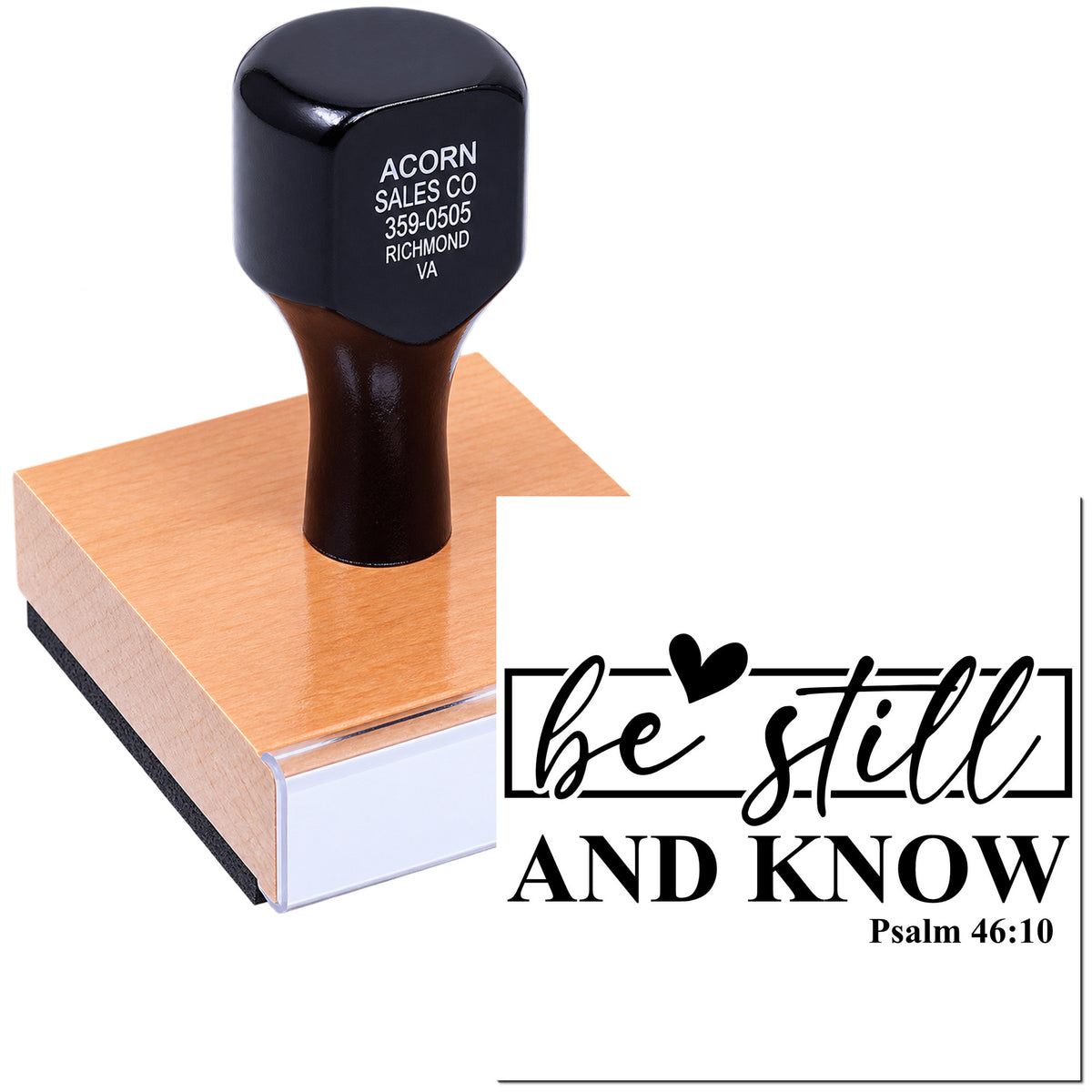 Bible verse rubber stamp with Be Still and Know Psalm 46:10 design for Christian crafts and custom stamping
