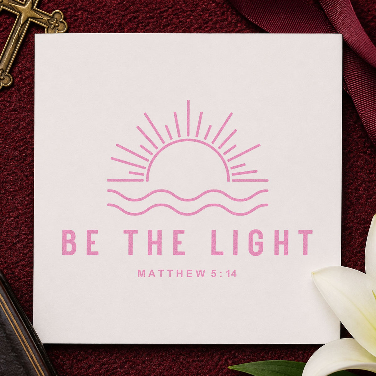 Be the Light Sunrise craft stamp in purple ink on cardstock, an easy option for coastal retreat tees.