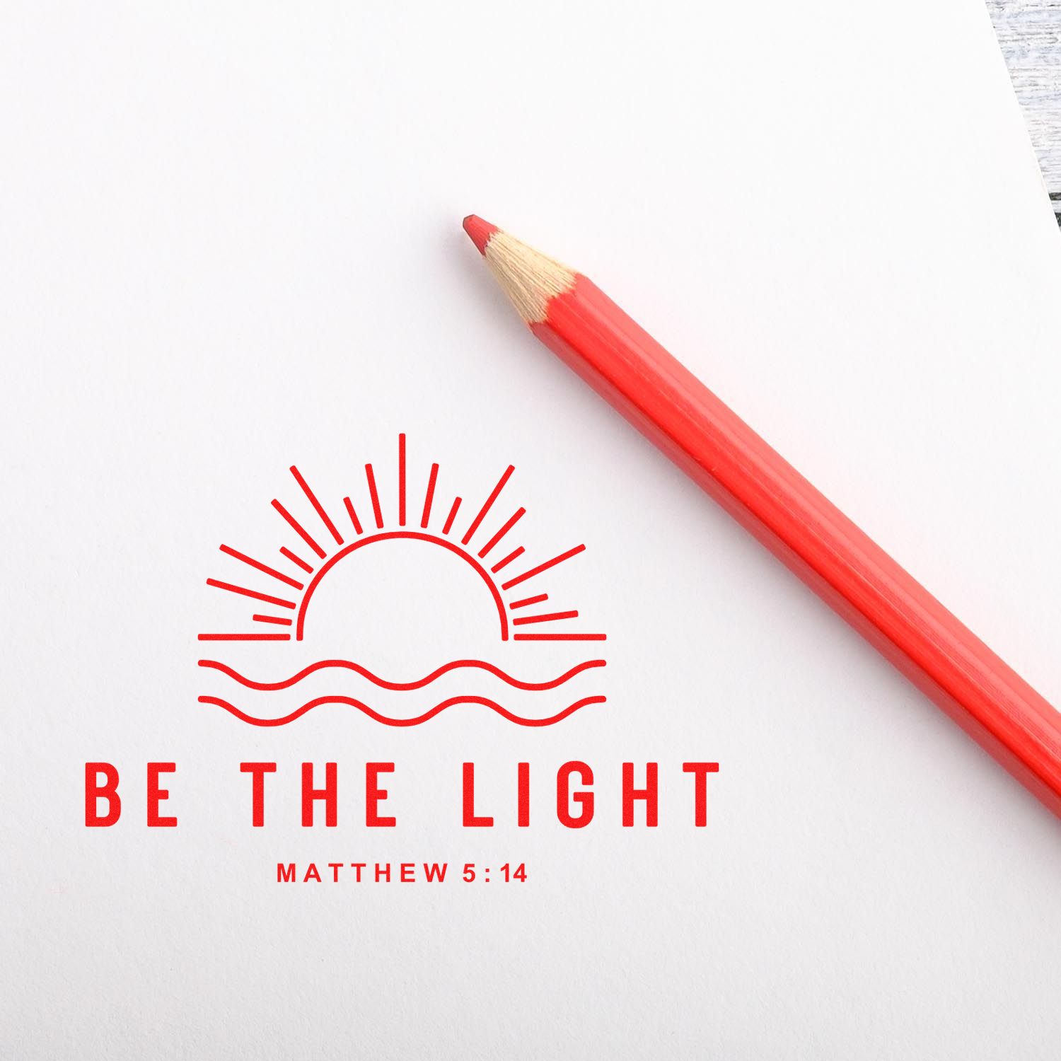 Bible verse rubber stamp design with Be the Light Matthew 5:14 sunrise and waves for faith-based crafts.