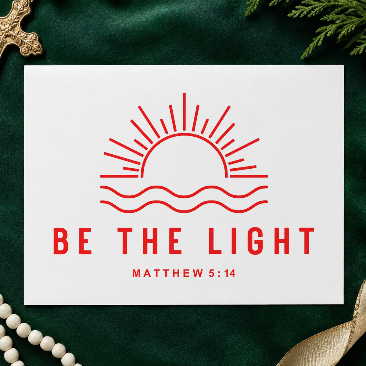 Be the Light Sunrise rubber stamp shown in red ink, stamped for projects such as vbs theme crafts.