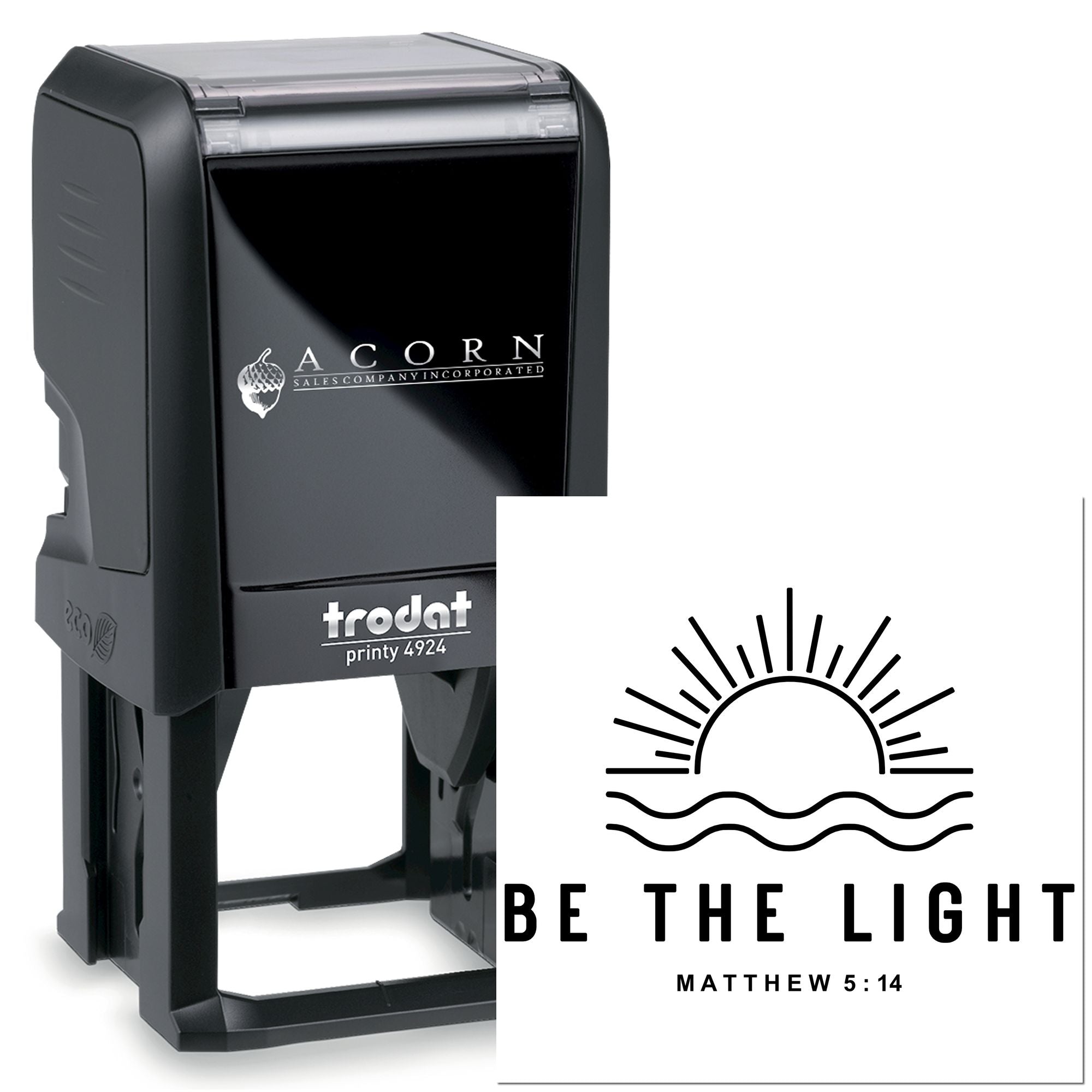 Custom self-inking rubber stamp with Be the Light Matthew 5:14 Christian design, Trodat Printy 4924 style