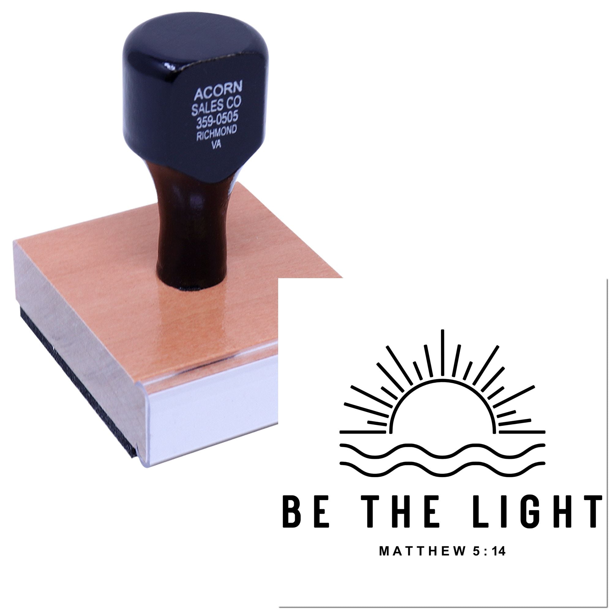 Custom rubber stamp with Be the Light Matthew 5:14 Christian logo for faith-based branding and church projects.