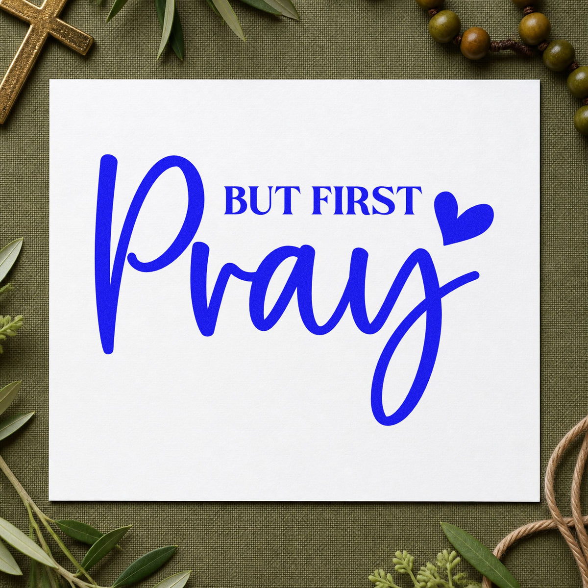 But First Pray craft stamp imprinted in blue ink on paper, a design suited to teacher gift tags.