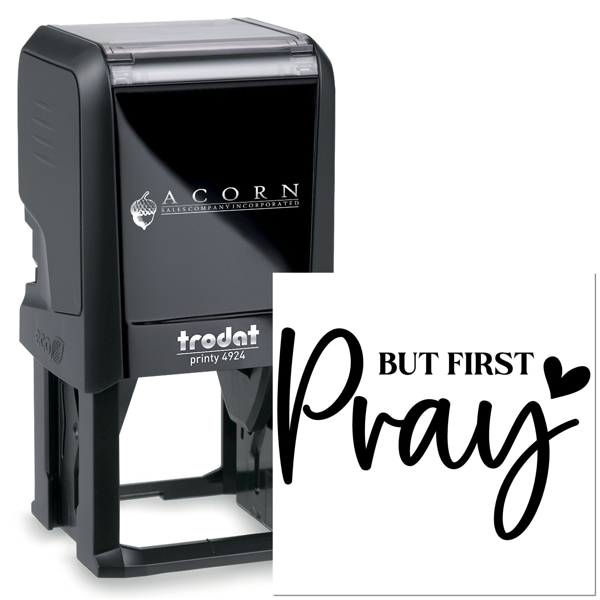 Self-inking rubber stamp with But First Pray for faith-based crafts, church notes, and inspirational stationery.