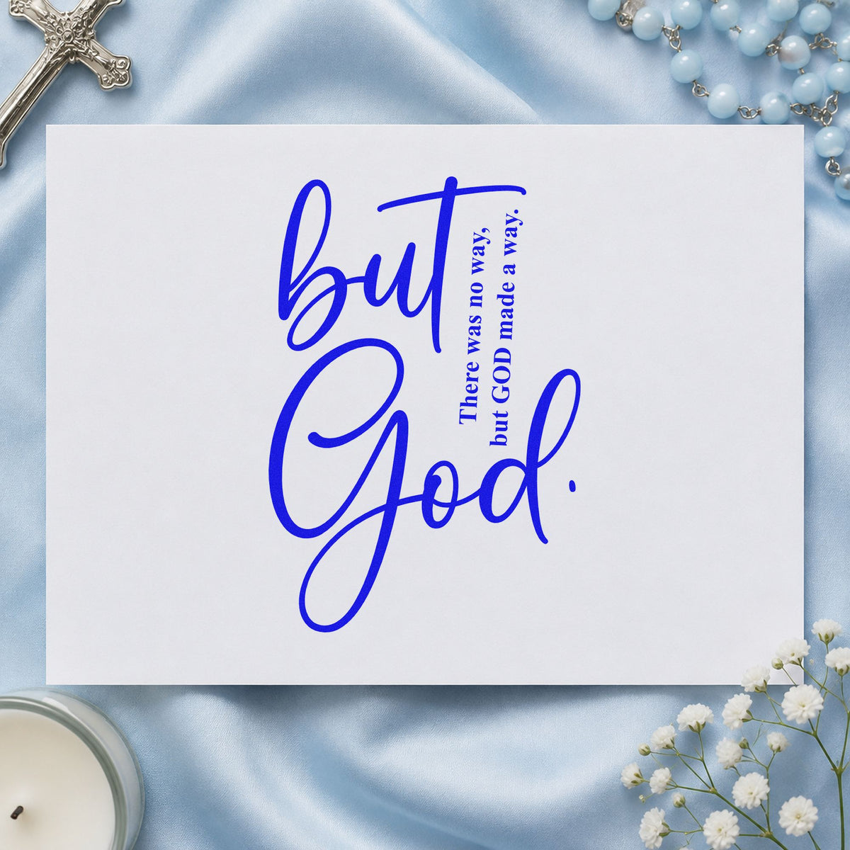 But God Script craft stamp in blue ink on cardstock, an easy option for canvas totes.