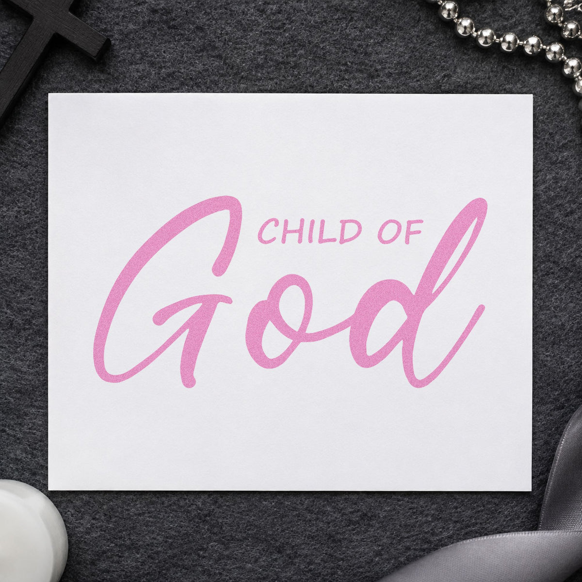 Child of God Script craft stamp in purple ink on cardstock, an easy option for baptism invitations.