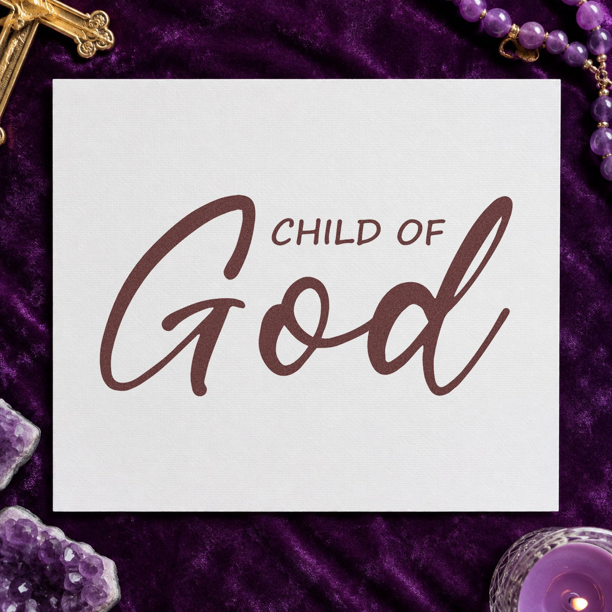 Child of God Script rubber stamp printed in brown ink, ready for scrapbook newborn pages and similar paper crafts.