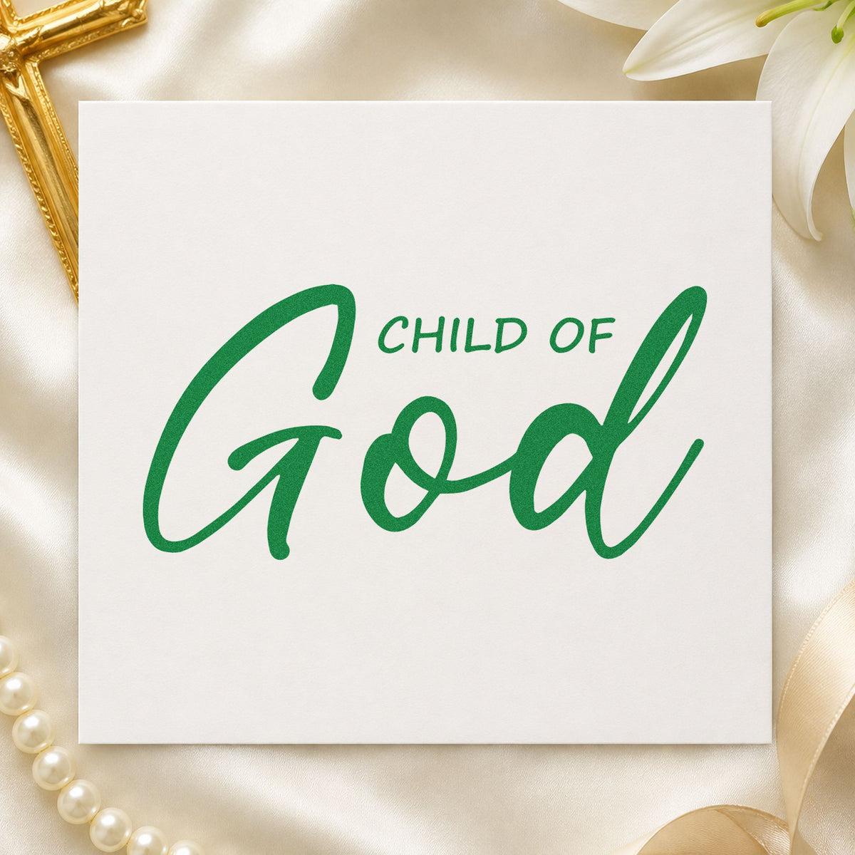 Child of God Script craft stamp imprint in green ink on a handmade project, one idea being christmas ornament crafts.