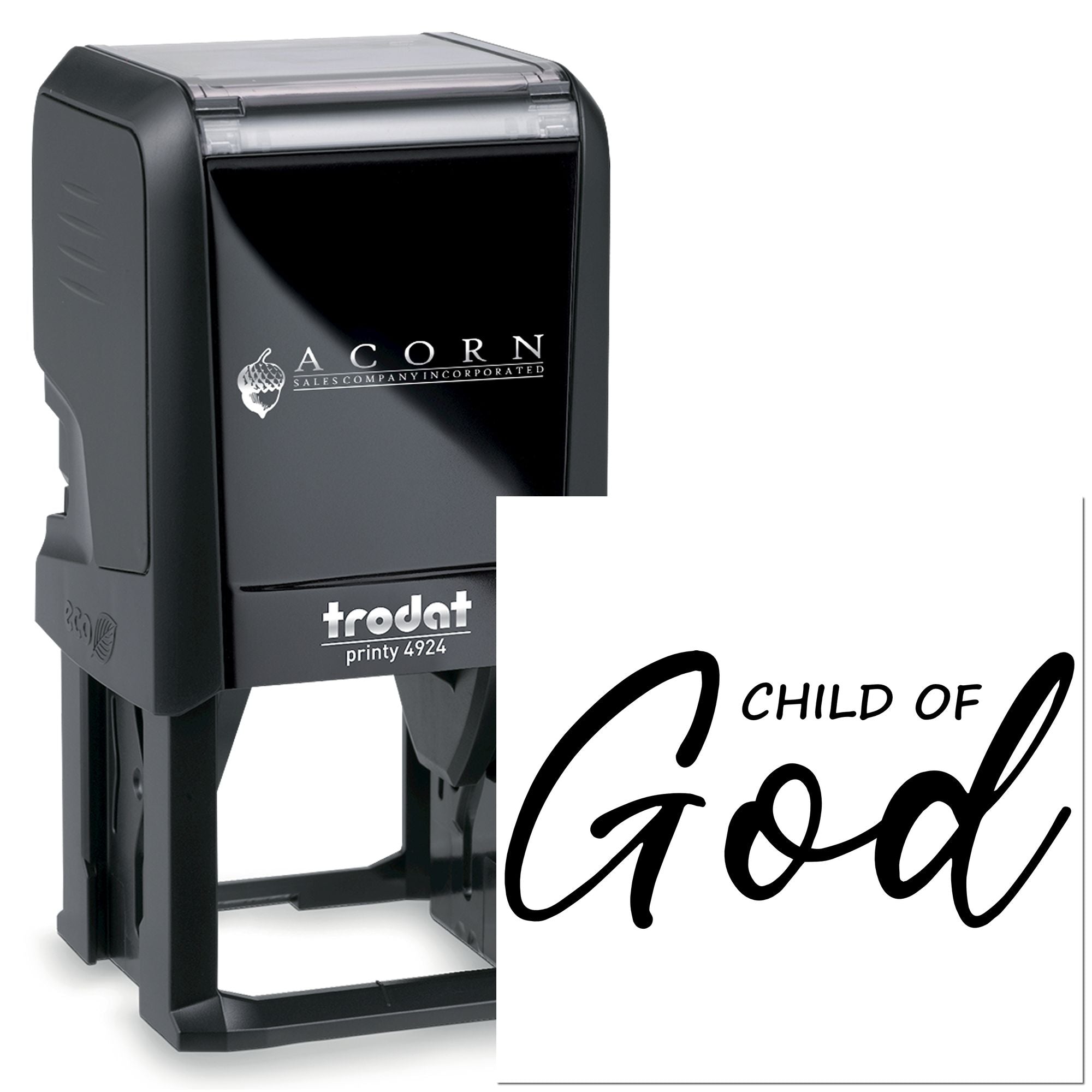 Custom self-inking rubber stamp with Child of God text, Trodat Printy 4924, for personalized religious stamping.