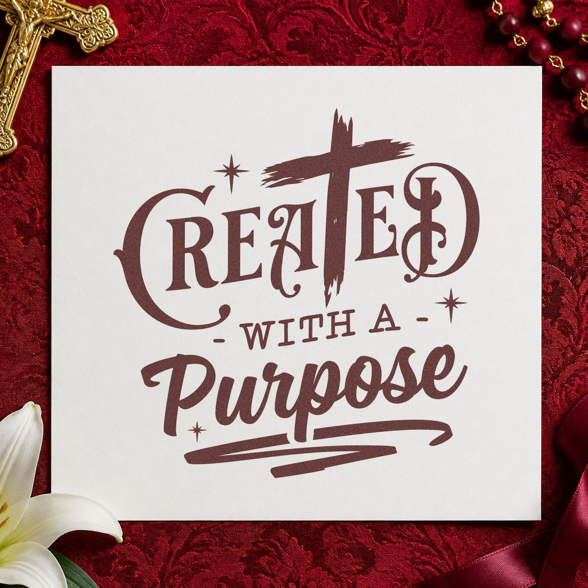 Created with a Purpose Cross rubber stamp printed in brown ink, ready for scrapbook talent pages and similar paper crafts.