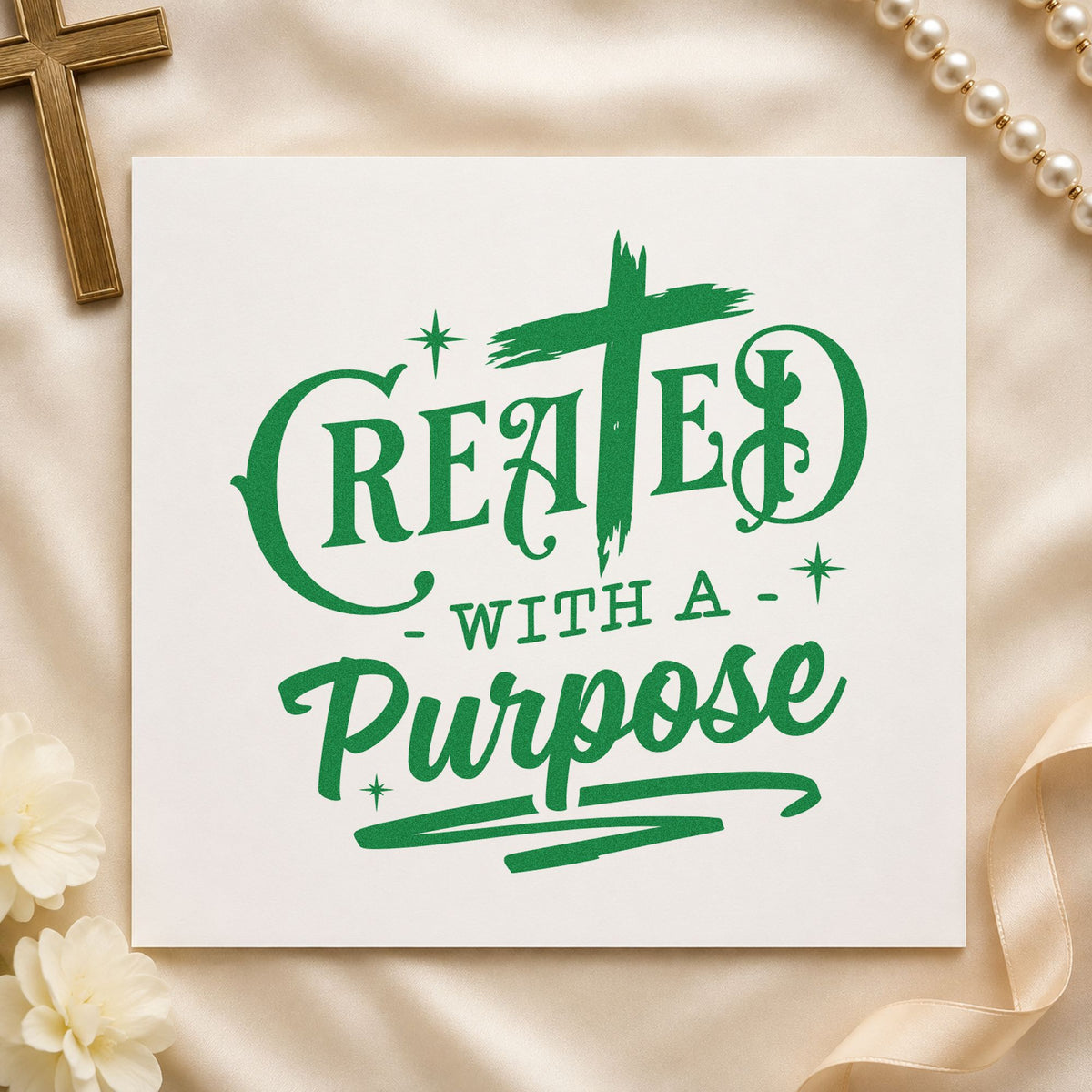 Created with a Purpose Cross craft stamp imprint in green ink on a handmade project, one idea being framed bedroom art.