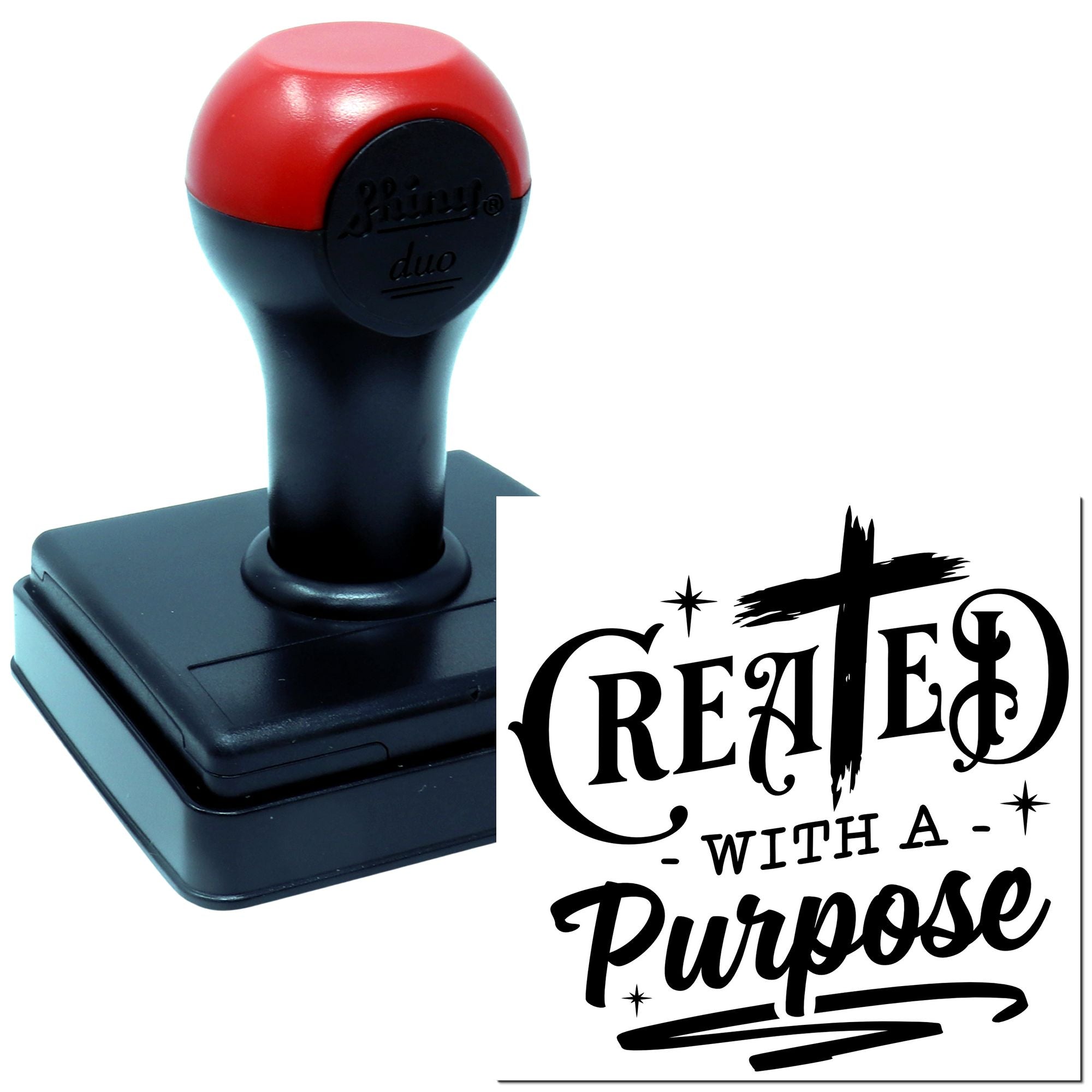 Self-inking custom rubber stamp showing Created with a Purpose impression for crafts, branding, and packaging.
