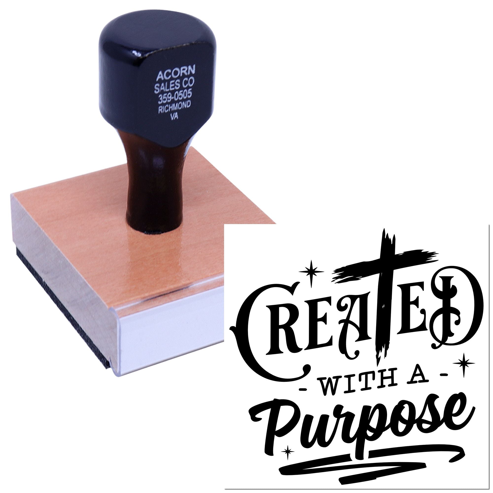 Custom rubber stamp with Created with a Purpose design, shown on pad and imprint for Christian crafts and branding.
