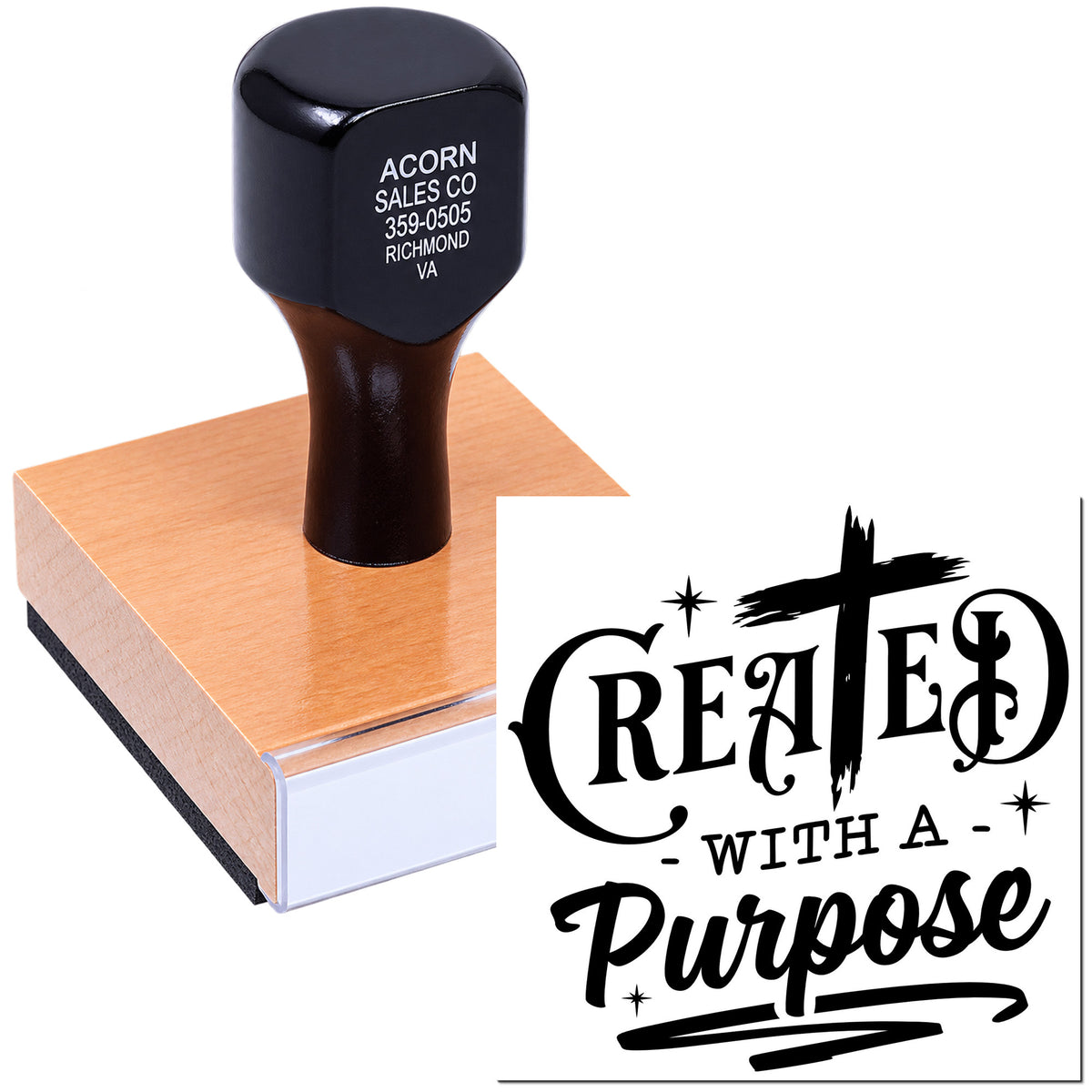 Custom rubber stamp with Created with a Purpose design, shown on pad and imprint for Christian crafts and branding.