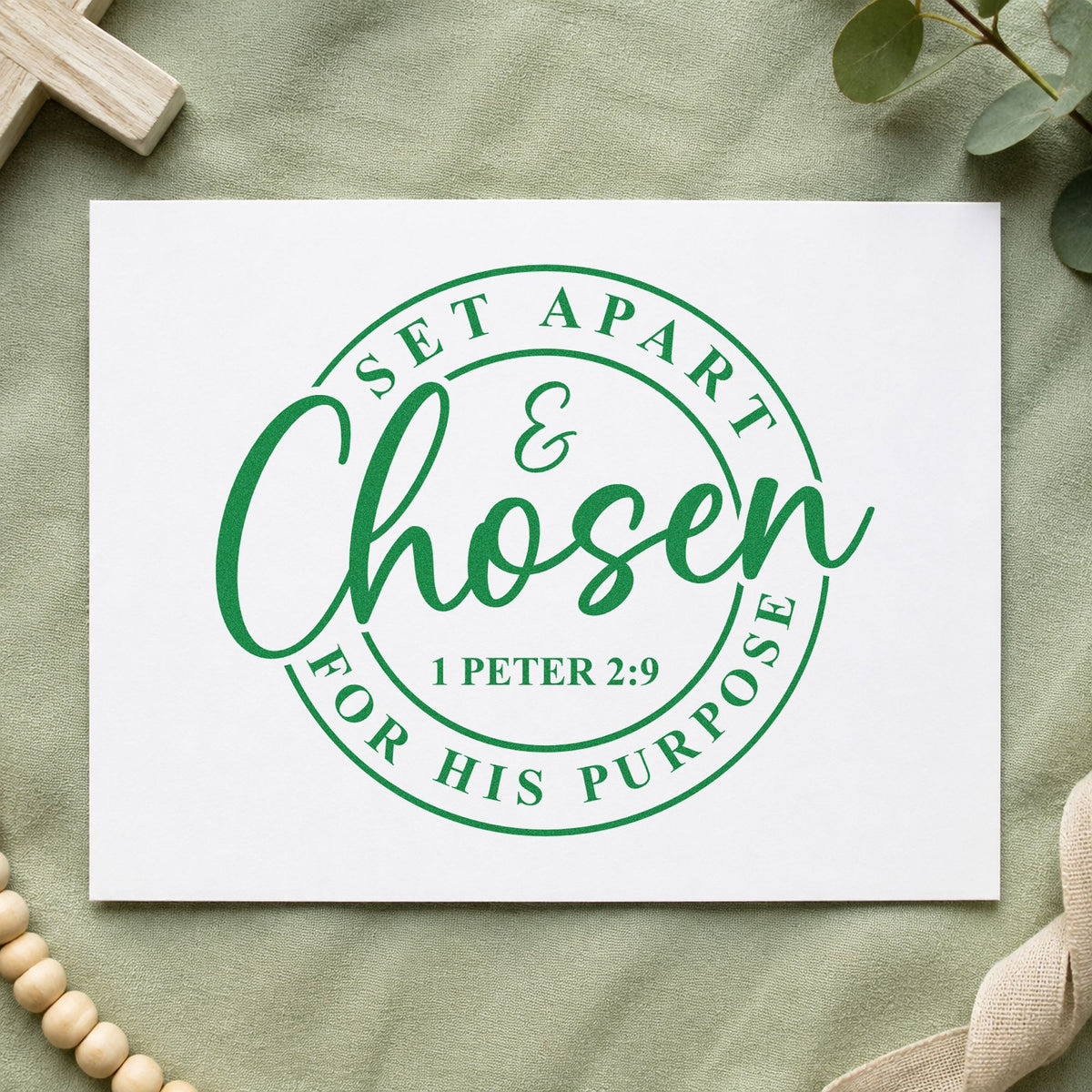 Chosen for His Purpose craft stamp imprint in green ink on a handmade project, one idea being youth retreat tags.
