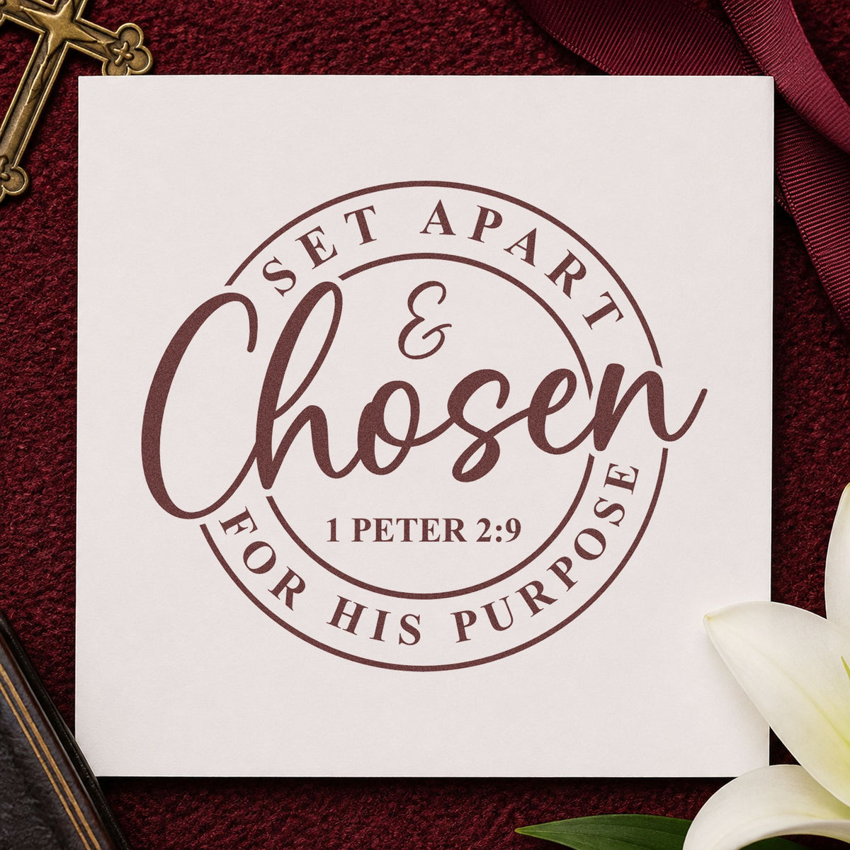 Chosen for His Purpose rubber stamp printed in brown ink, ready for scrapbook calling pages and similar paper crafts.