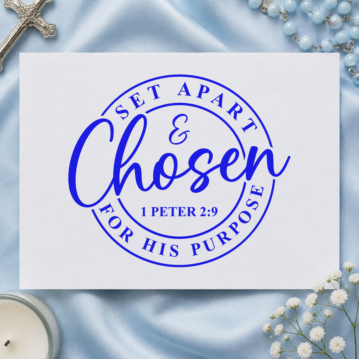 Chosen for His Purpose craft stamp imprinted in blue ink on paper, a design suited to canvas totes.