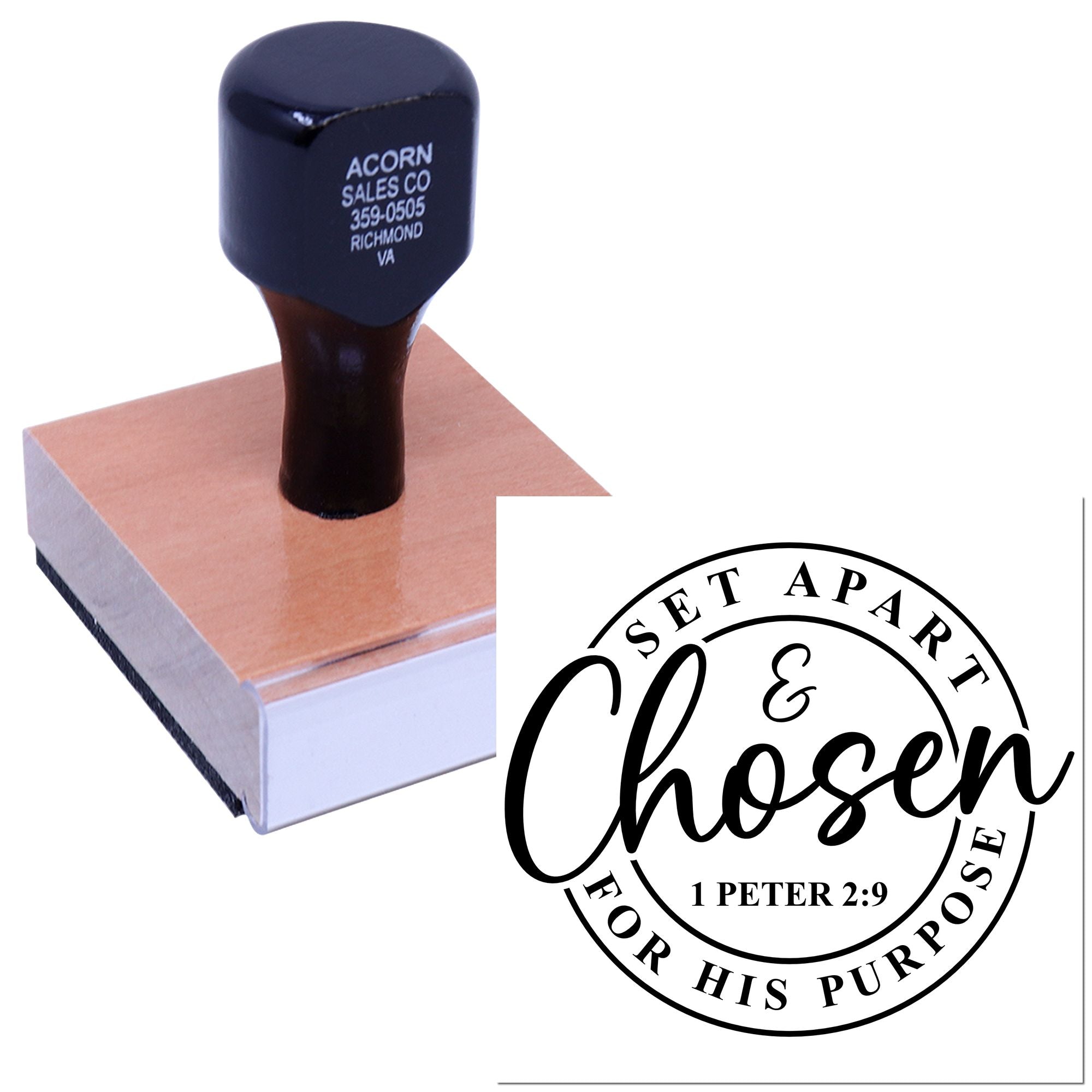 Custom religious rubber stamp with Set Apart & Chosen for His Purpose and 1 Peter 2:9 scripture design.