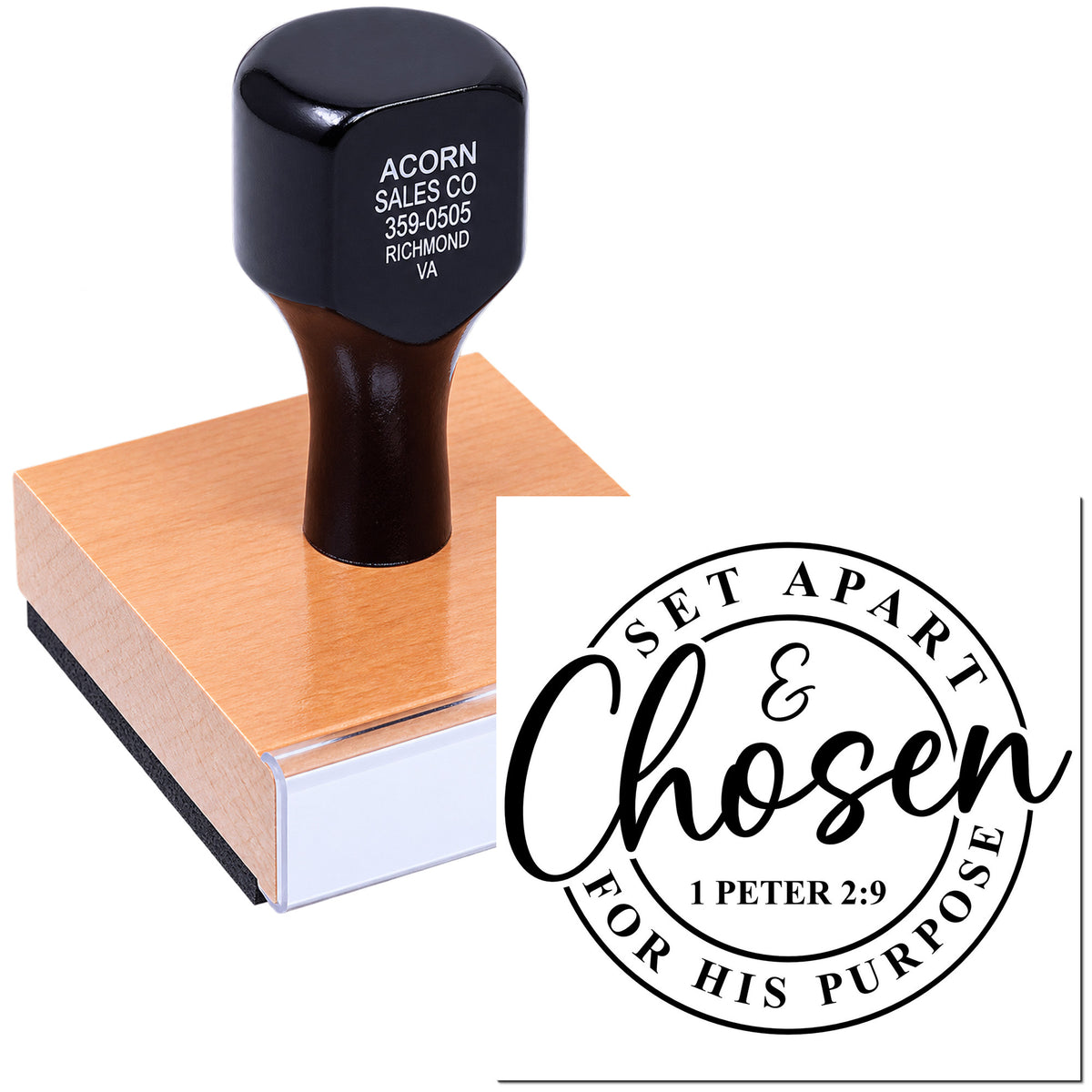 Custom religious rubber stamp with Set Apart & Chosen for His Purpose and 1 Peter 2:9 scripture design.
