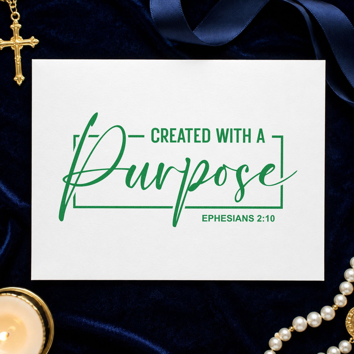 Created with a Purpose Frame craft stamp imprint in green ink on a handmade project, one idea being craftsman gift tags.