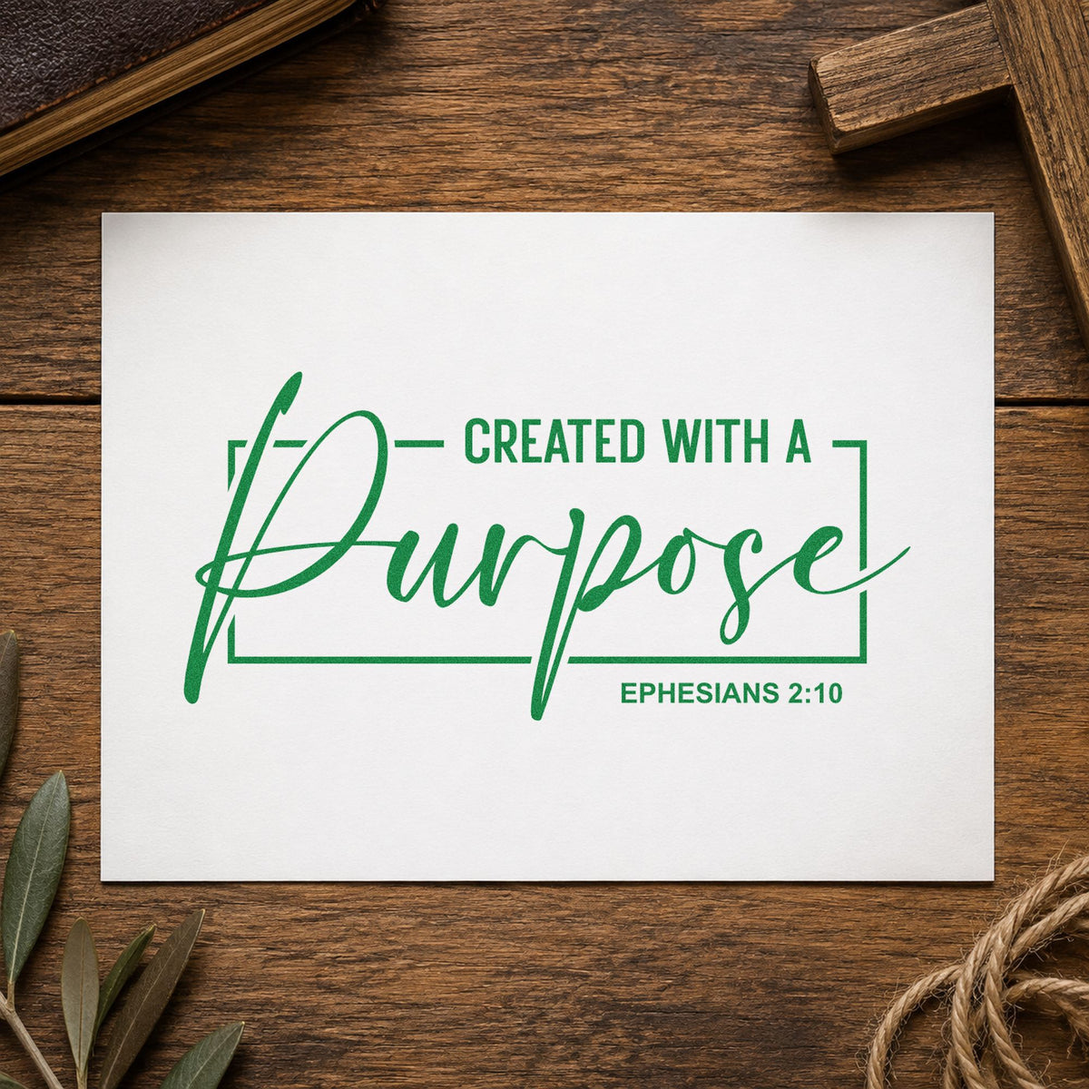 Created with a Purpose Frame craft stamp imprint in green ink on a handmade project, one idea being framed office art.