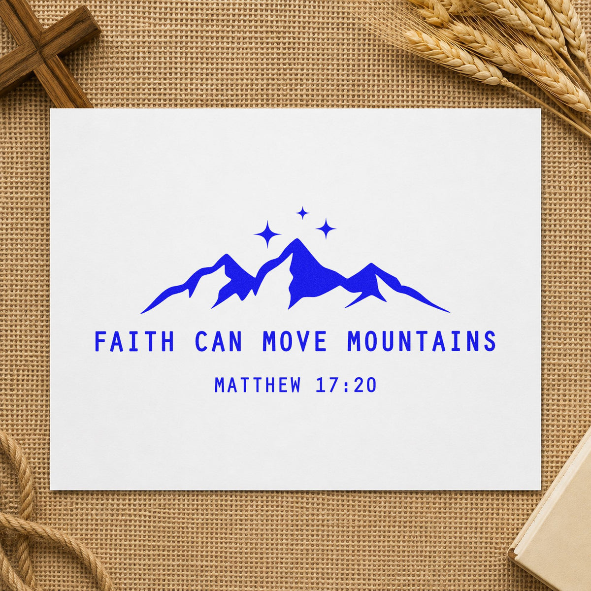 Faith Can Move Mountains craft stamp in blue ink on cardstock, an easy option for sermon series signs.