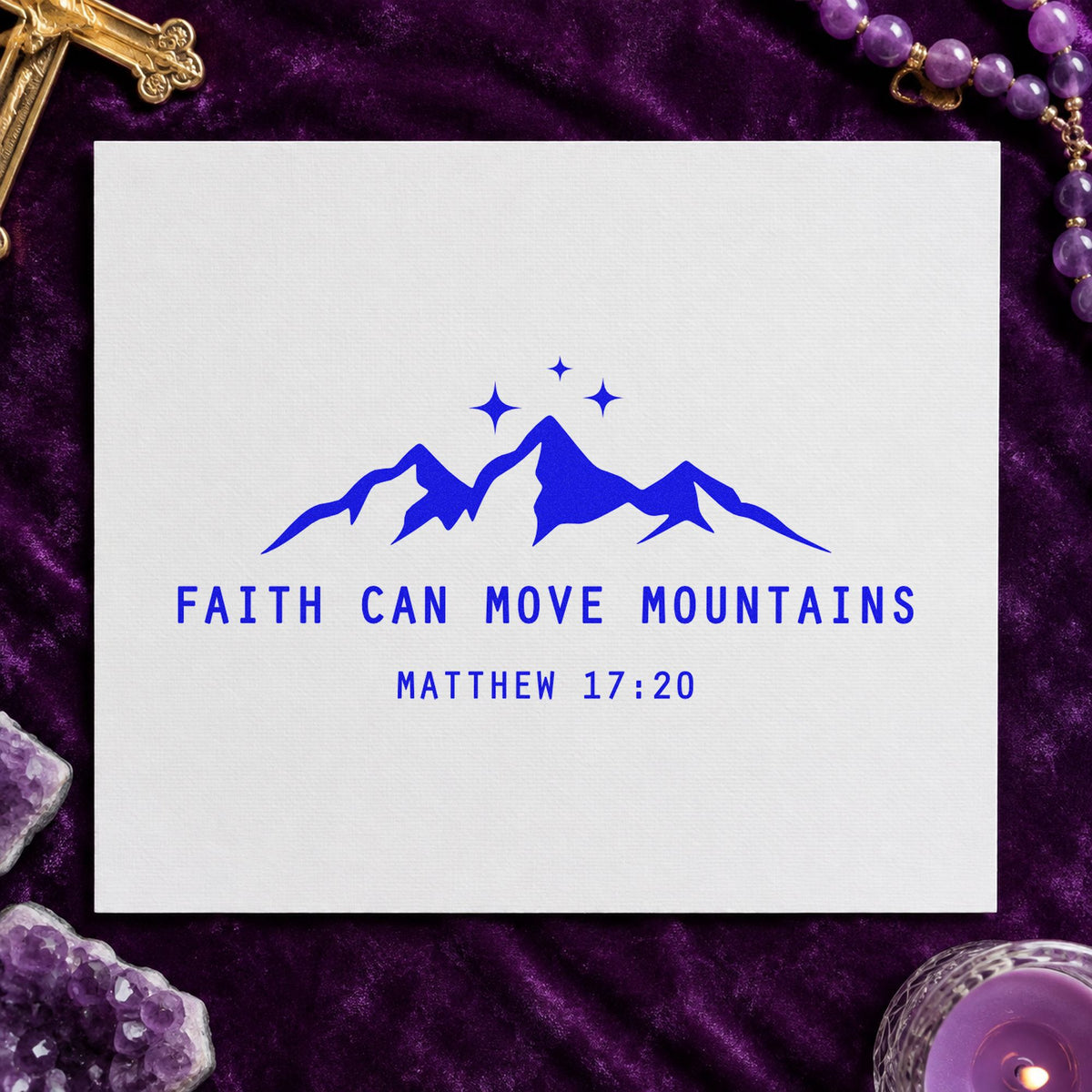 Faith Can Move Mountains craft stamp imprinted in blue ink on paper, a design suited to water bottle labels.