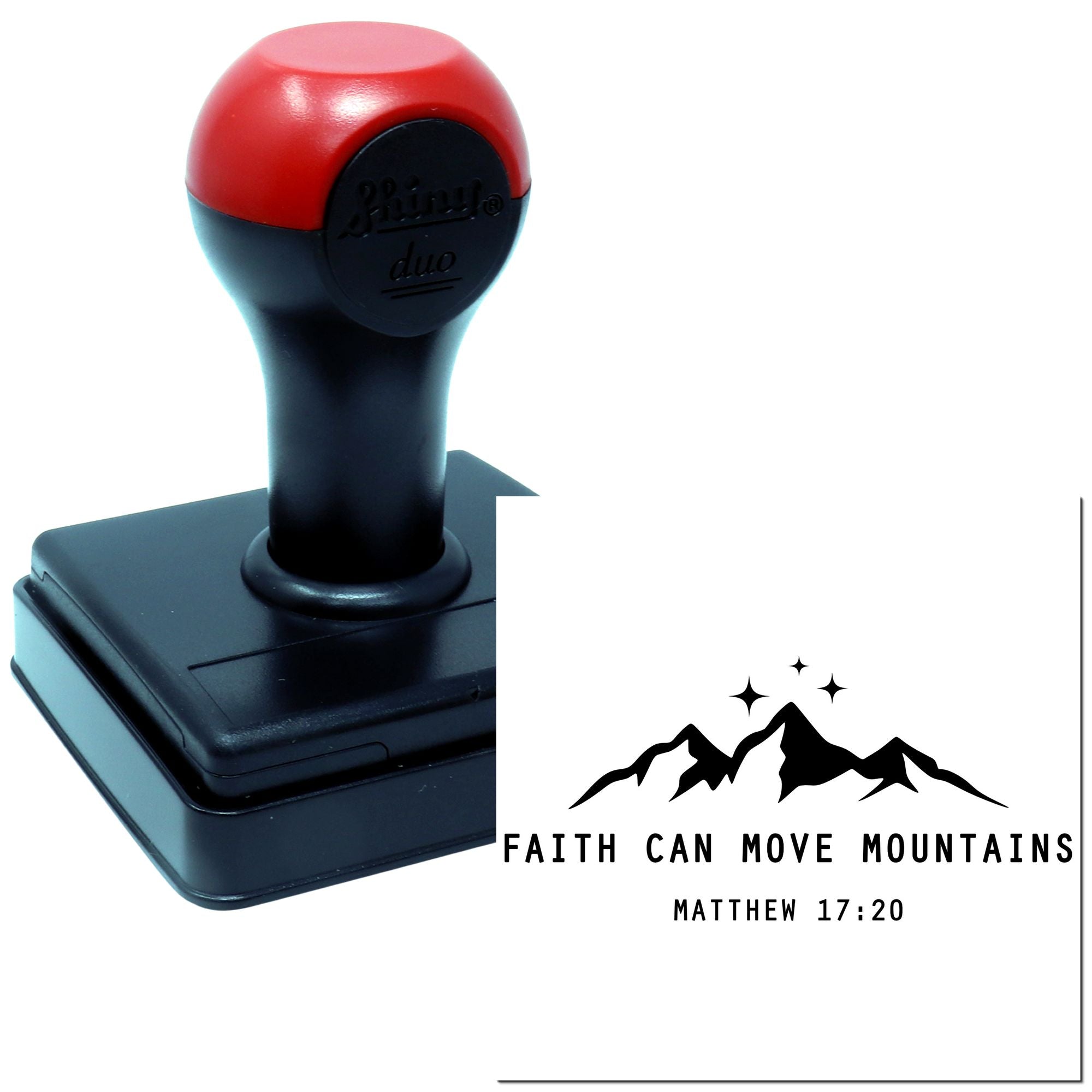 Self-inking rubber stamp with Faith Can Move Mountains Matthew 17:20 design for Christian encouragement.