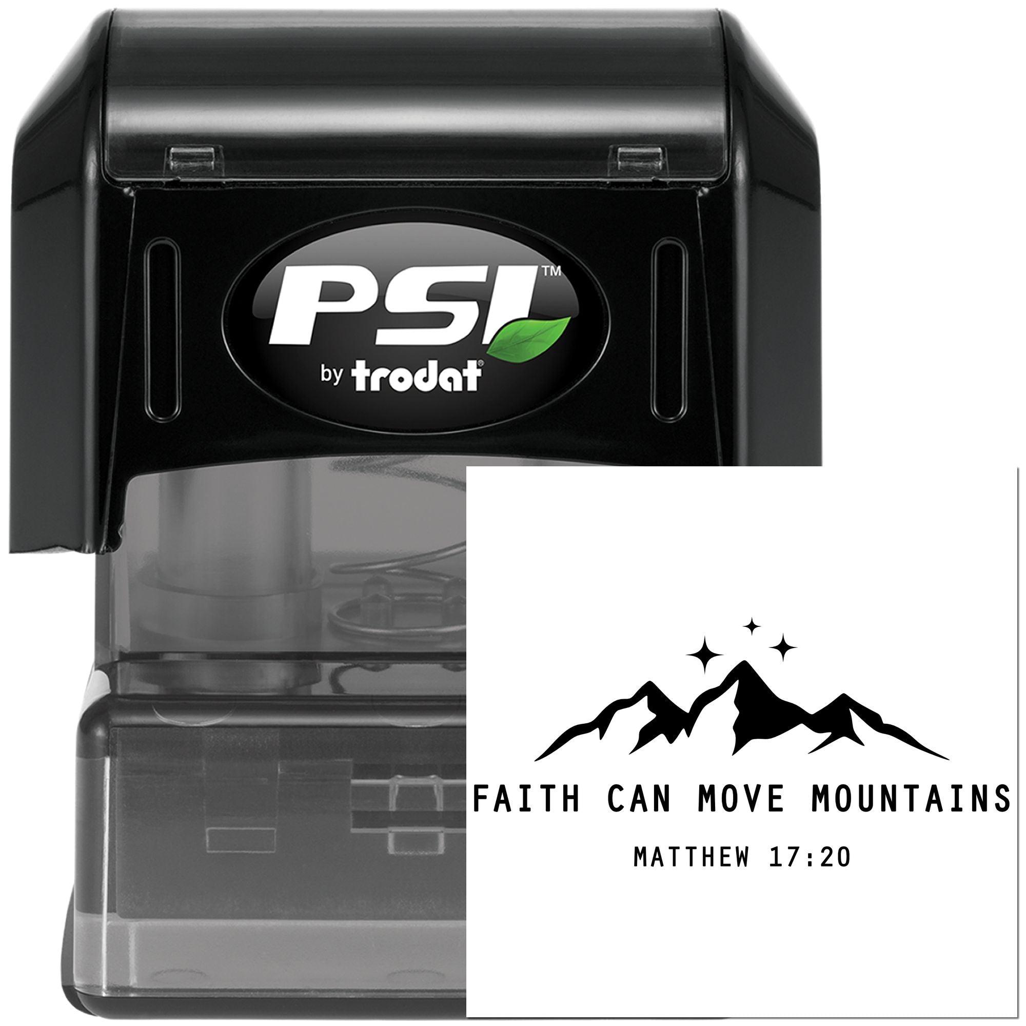 PSI by Trodat self-inking rubber stamp with Faith Can Move Mountains Matthew 17:20 Christian mountain design.