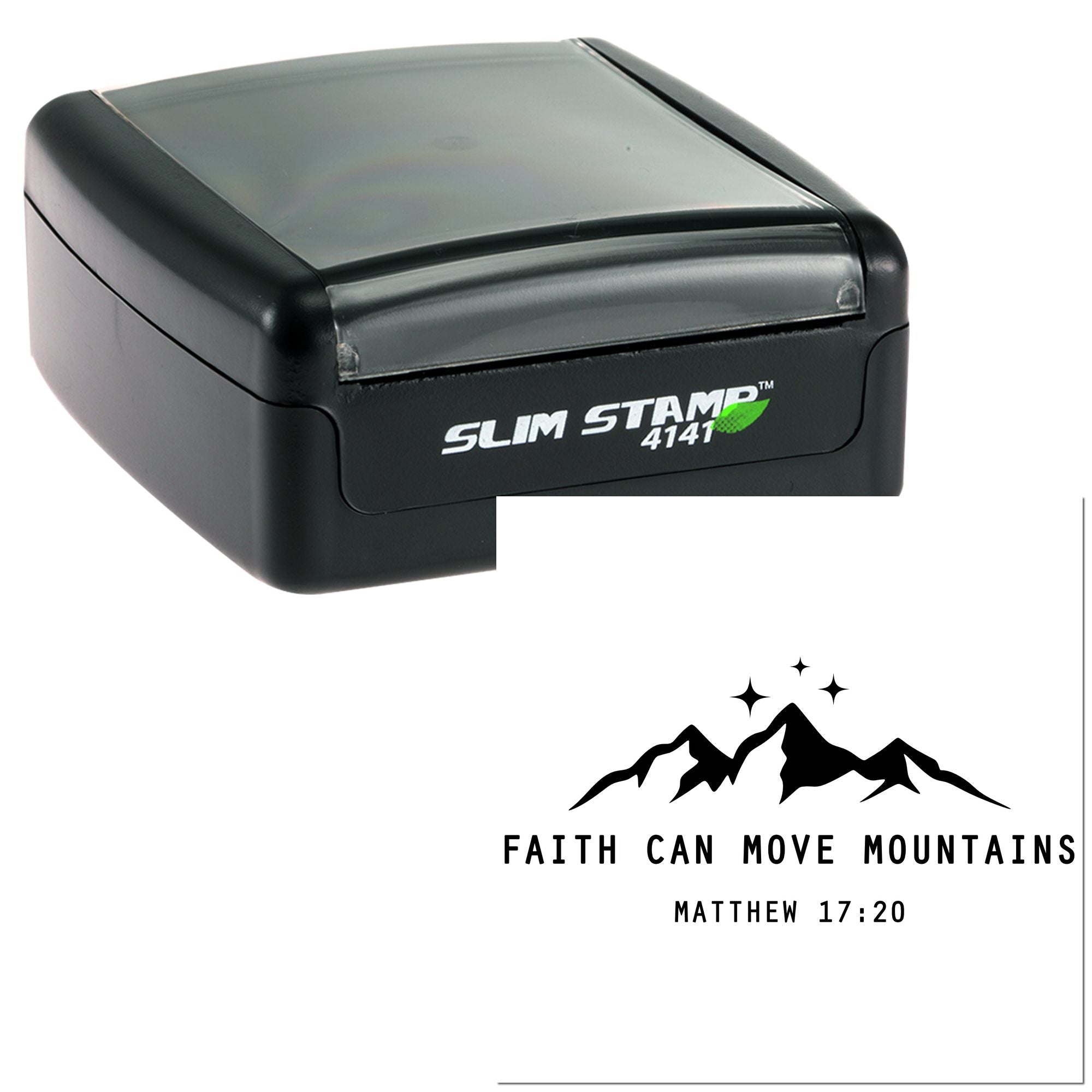 Self-inking rubber stamp featuring Faith Can Move Mountains Matthew 17:20 mountain scripture design.