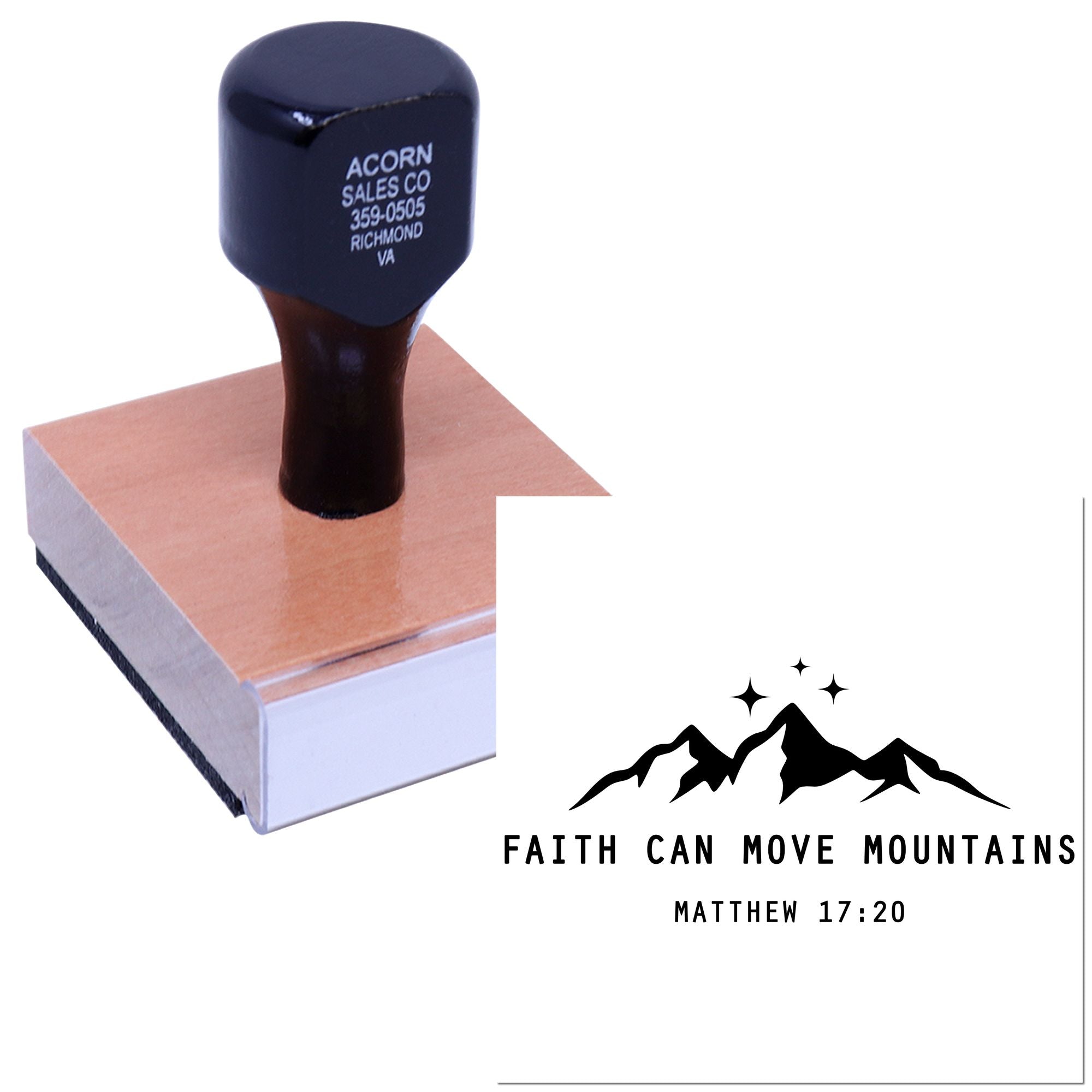 Custom rubber stamp with Faith Can Move Mountains Matthew 17:20 Bible verse design for crafting and church projects.