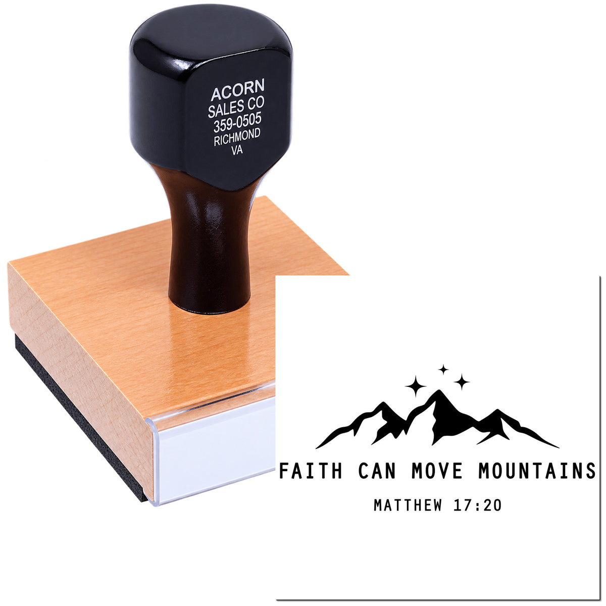 Custom rubber stamp with Faith Can Move Mountains Matthew 17:20 Bible verse design for crafting and church projects.