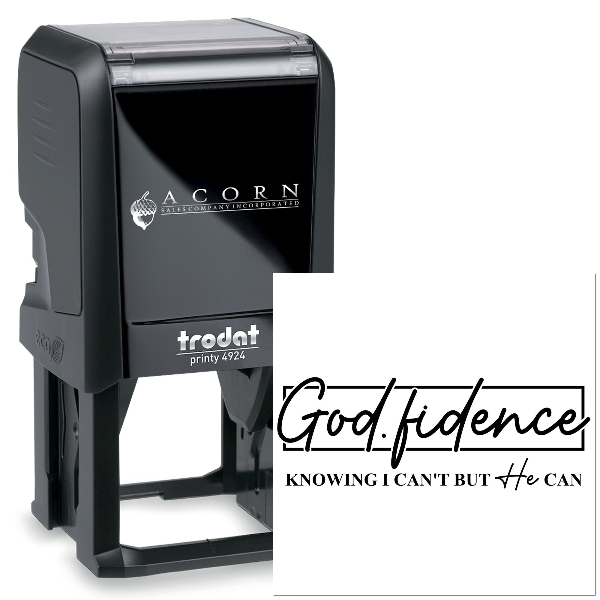 Custom self-inking rubber stamp with Godfidence Christian phrase, Trodat Printy 4924, for faith-based crafting.