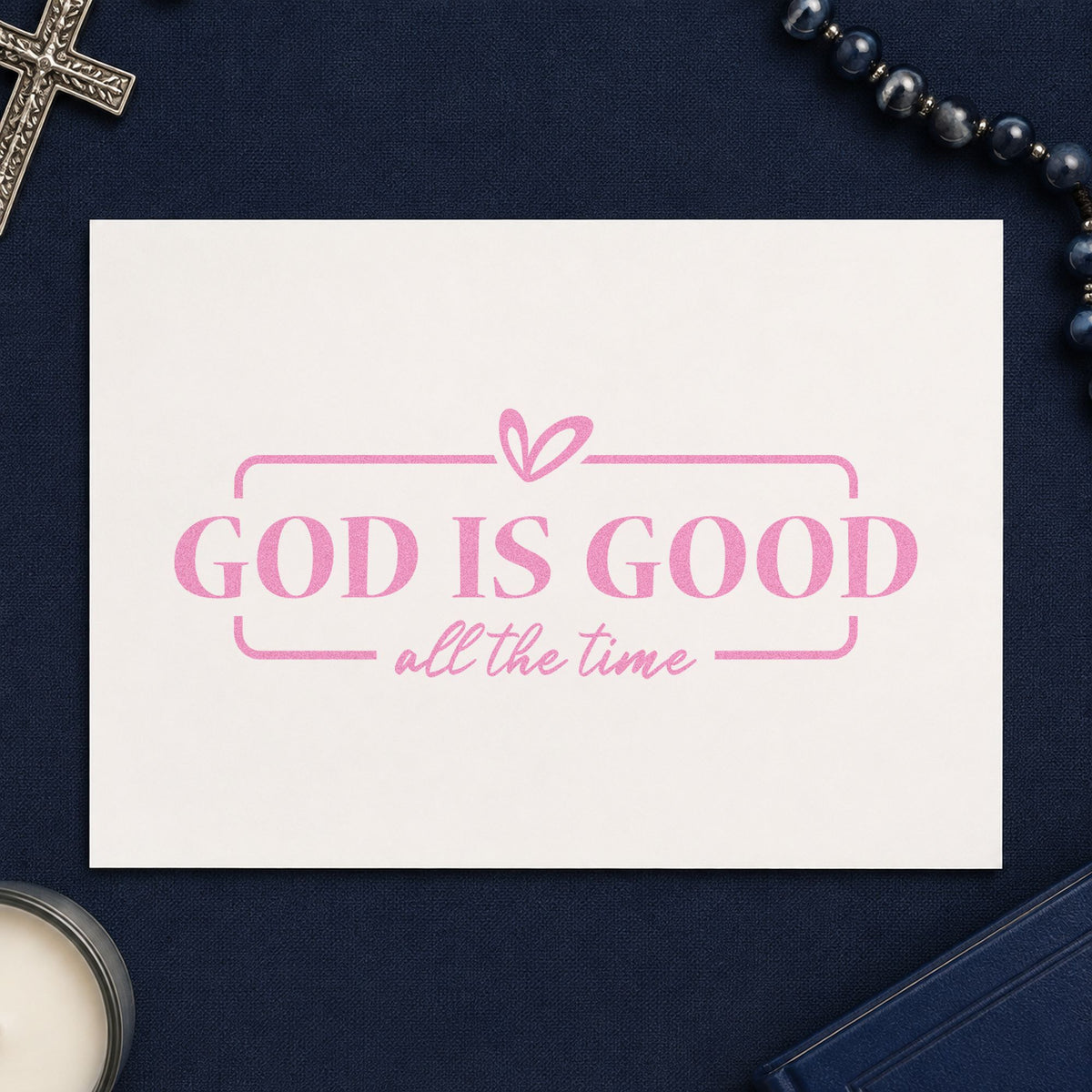 God Is Good craft stamp in purple ink on cardstock, an easy option for visitor welcomes.
