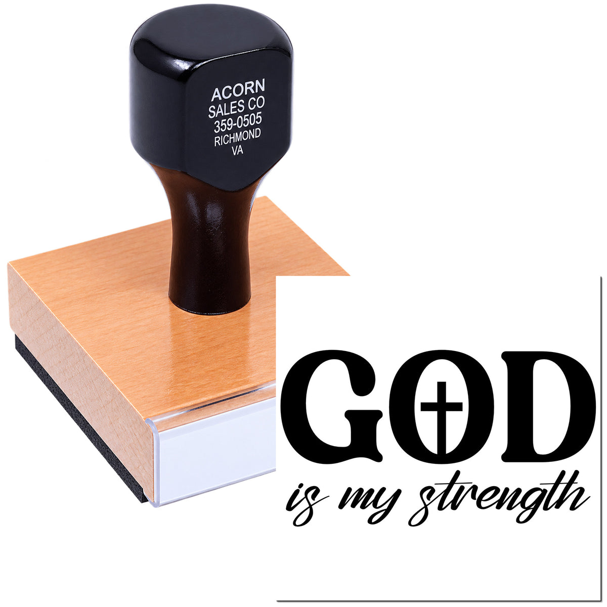 Inspirational Christian rubber stamp reading God is my strength on a mounted stamp block.