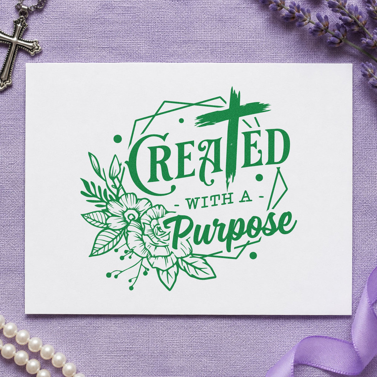 Created with a Purpose Floral craft stamp imprint in green ink on a handmade project, one idea being bridal shower favors.