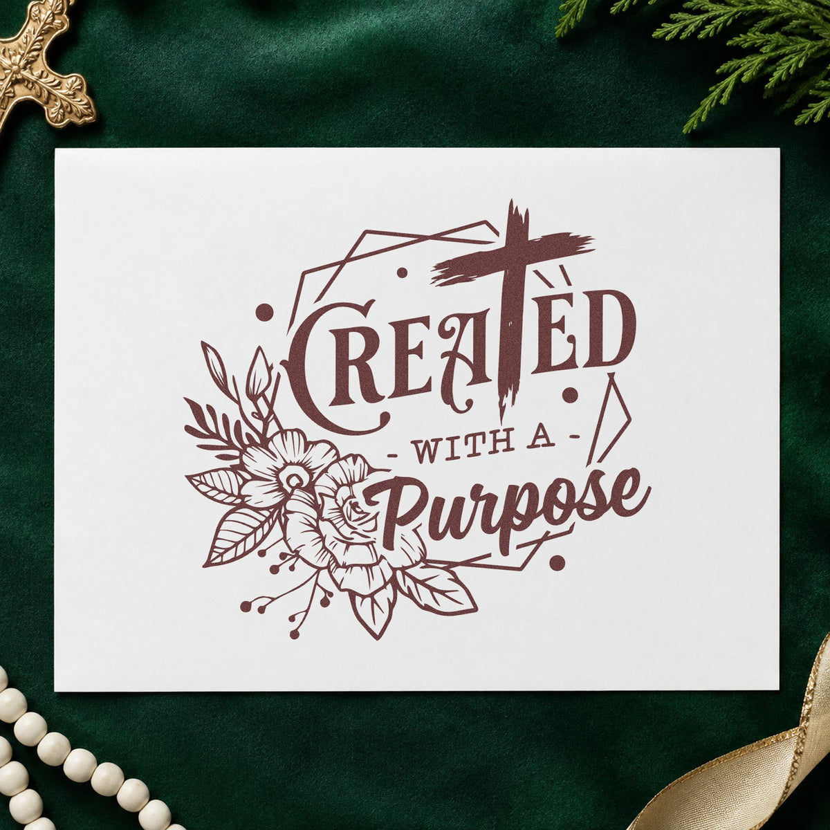 Created with a Purpose Floral rubber stamp printed in brown ink, ready for portrait scrapbooks and similar paper crafts.