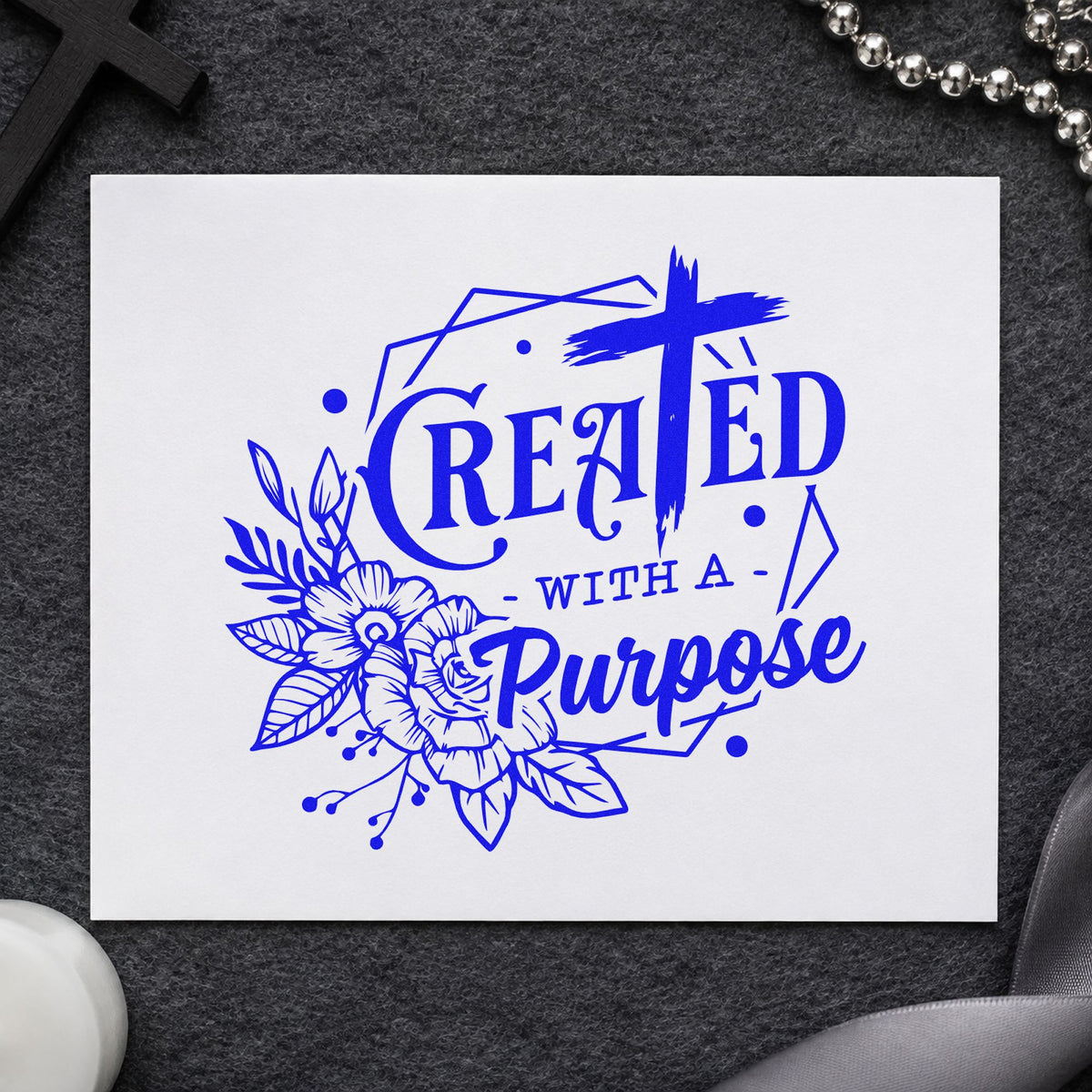 Created with a Purpose Floral craft stamp imprinted in blue ink on paper, a design suited to journal cover stamping.