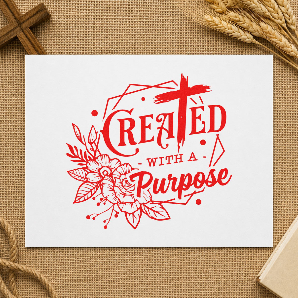 Created with a Purpose Floral rubber stamp shown in red ink, stamped for projects such as maker hang tags.