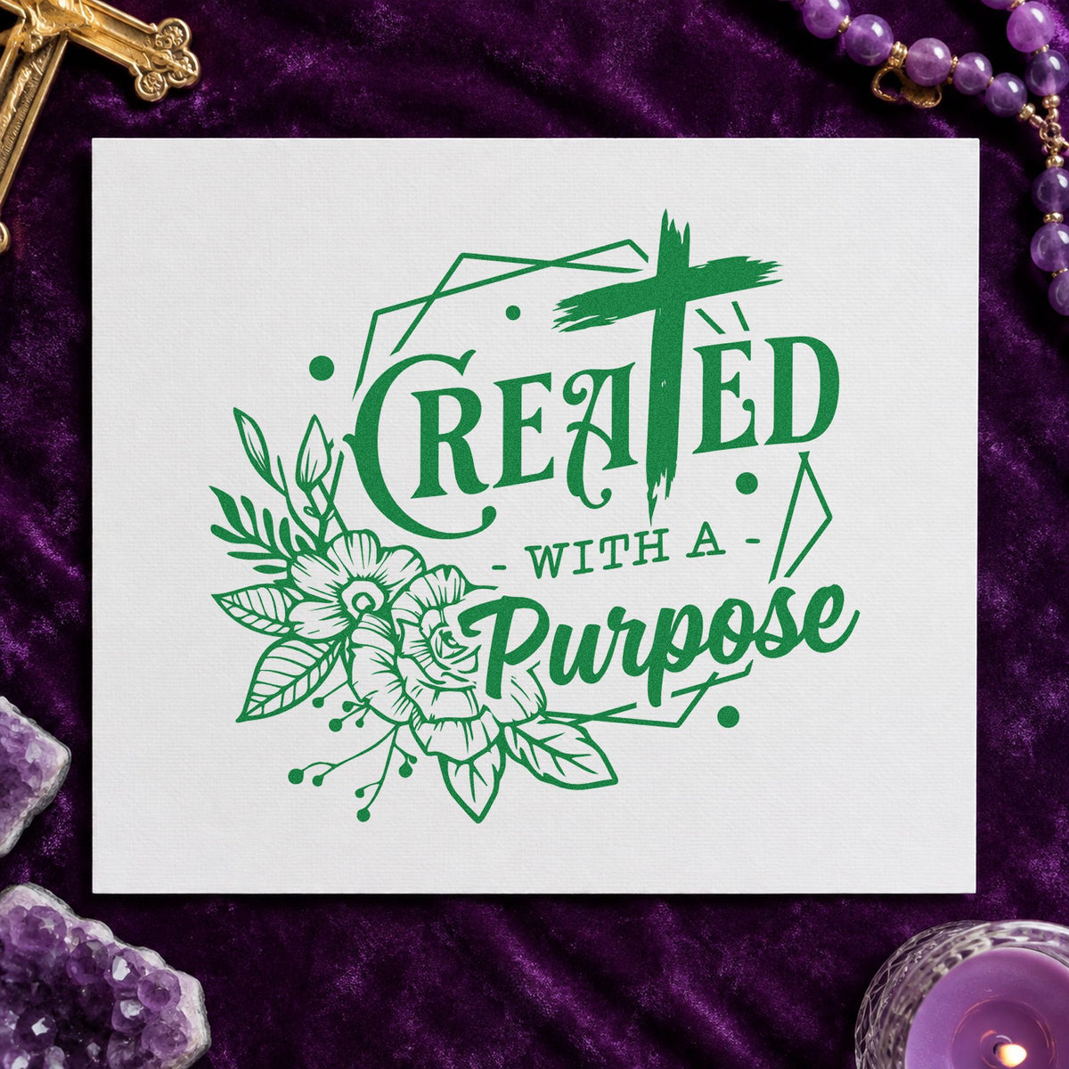 Created with a Purpose Floral craft stamp imprint in green ink on a handmade project, one idea being framed bedroom art.