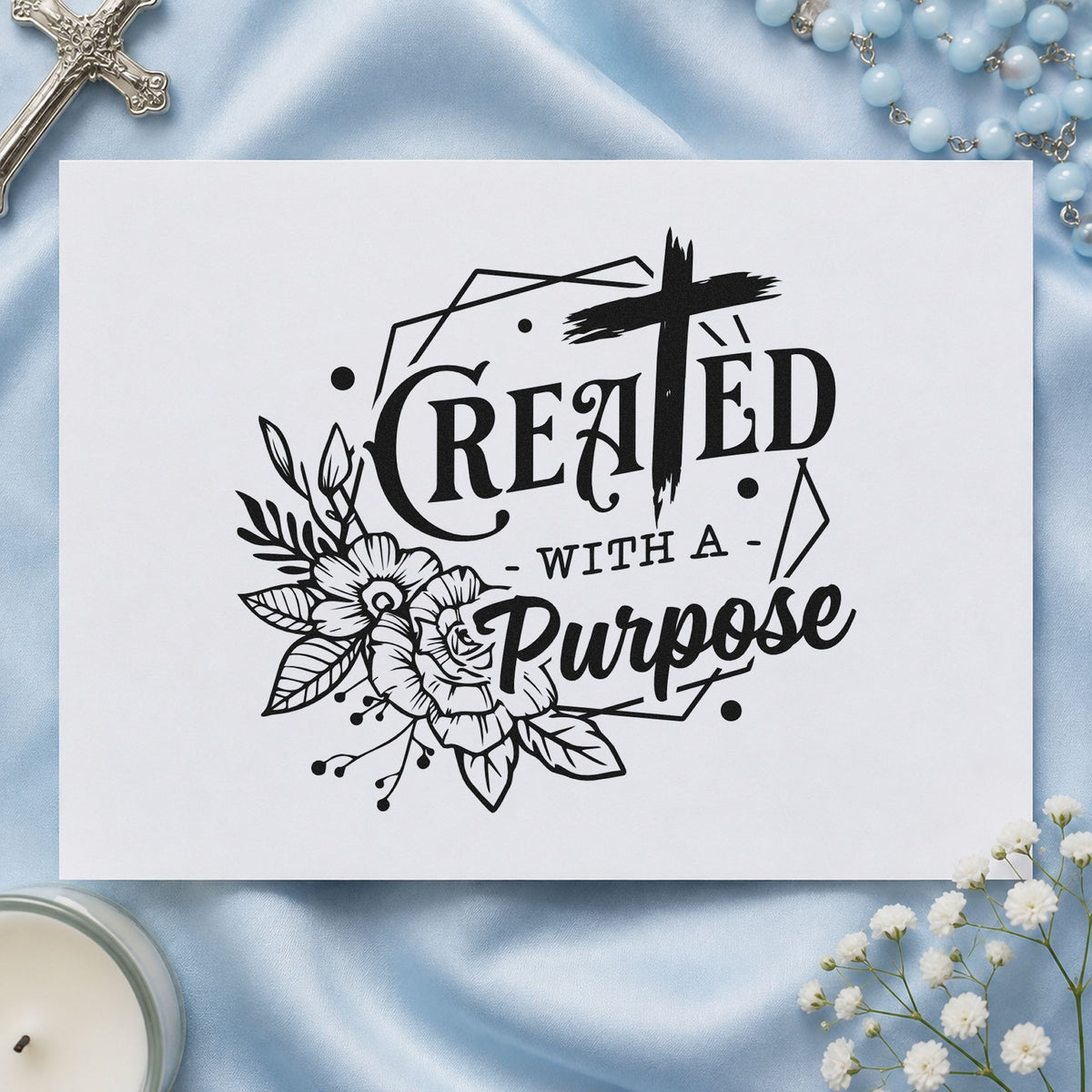 Created with a Purpose Floral rubber stamp printed in black ink, ready for floral purpose cards and similar paper crafts.
