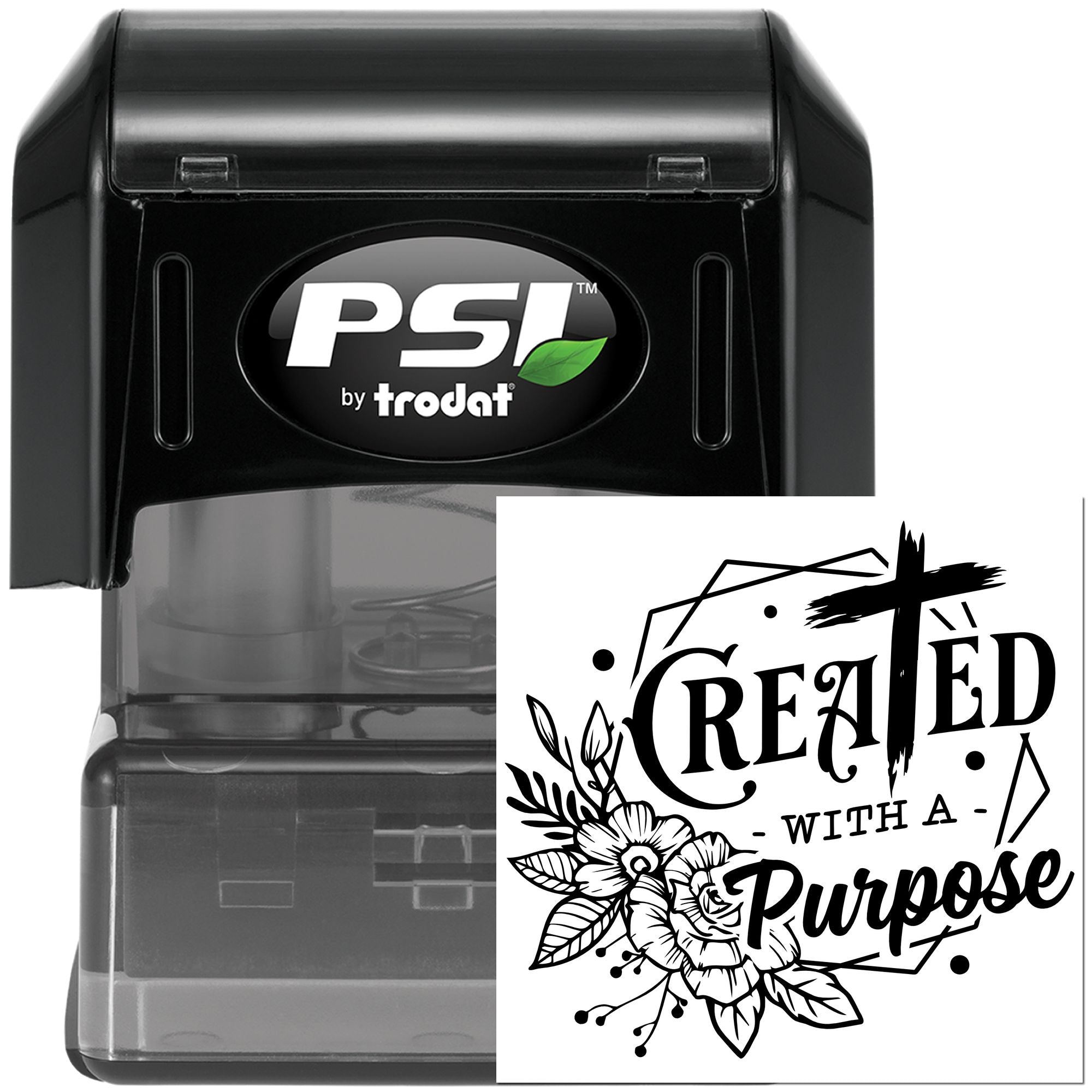PSI by Trodat self-inking rubber stamp with Created with a Purpose floral design for custom crafting and branding