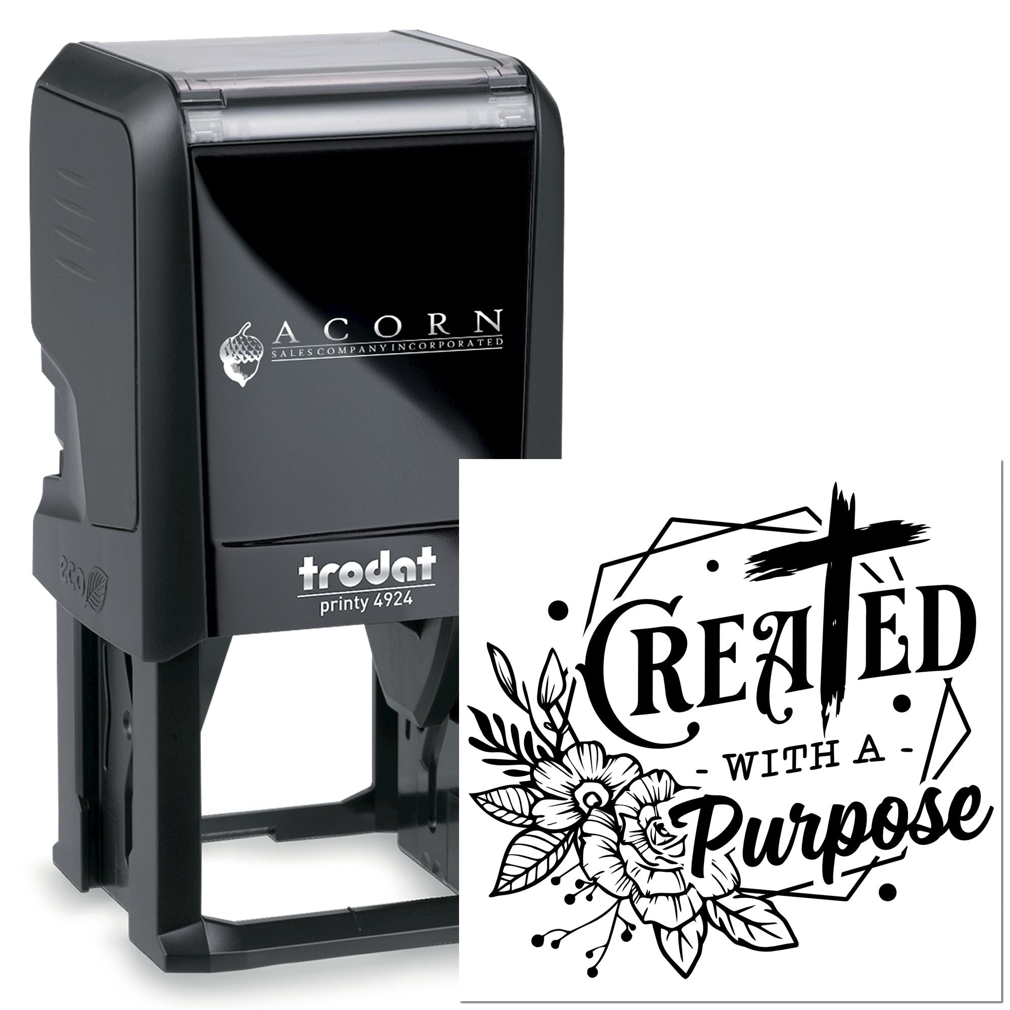 Custom Trodat self-inking rubber stamp with floral Created with a Purpose design for personalized business use.