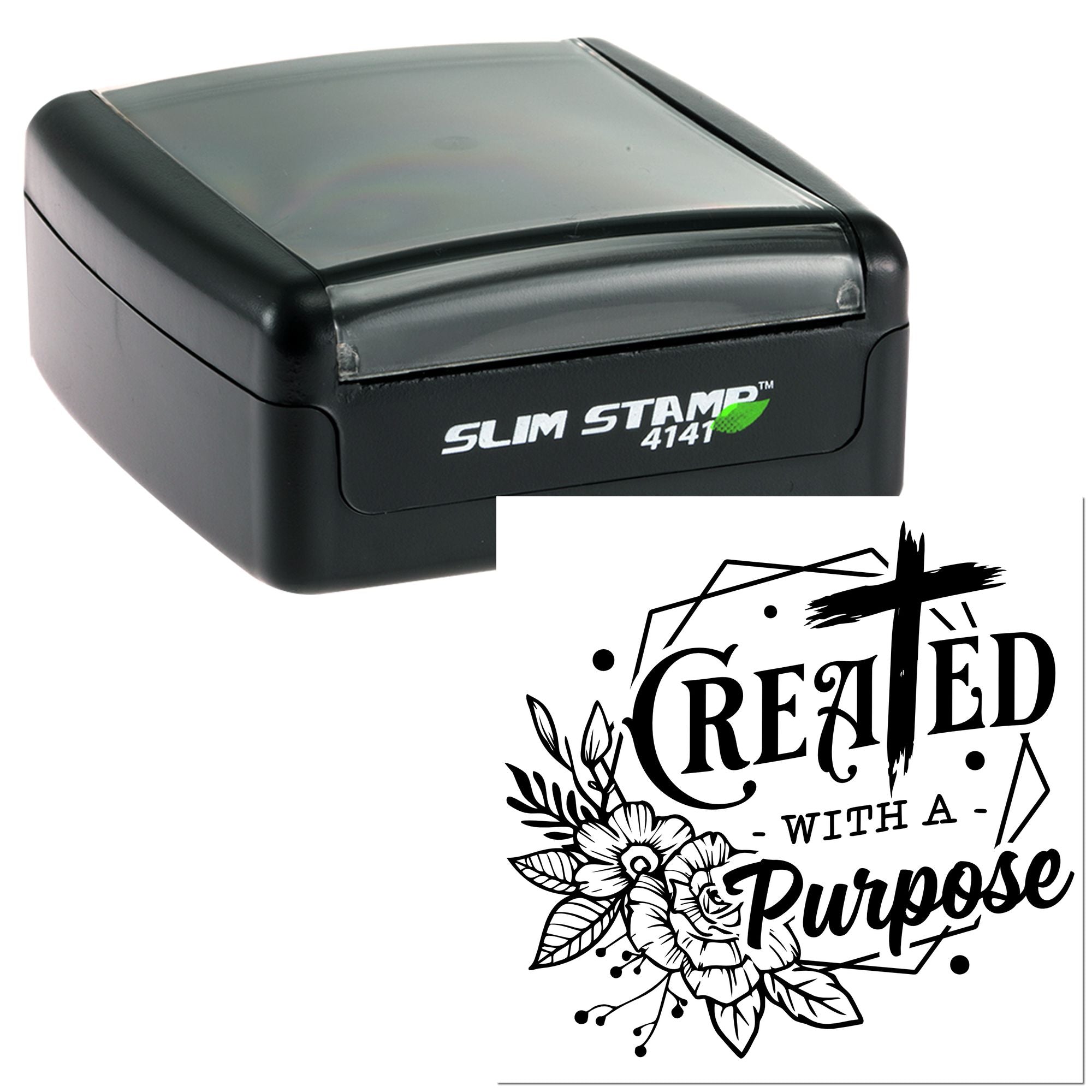 Self-inking rubber stamp with Created With a Purpose floral design for custom branding and handmade product packaging.