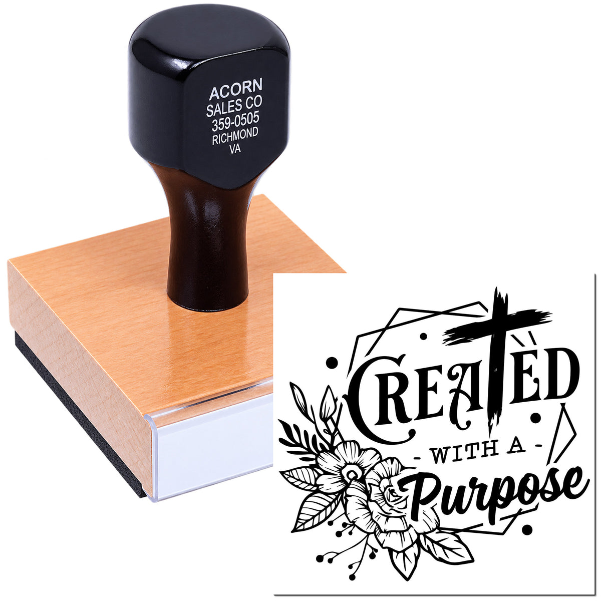 Custom rubber stamp with Created with a Purpose floral Christian design on a wood block handle.
