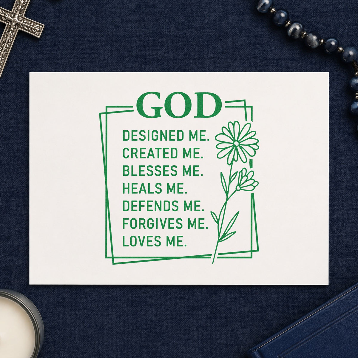 God Designed Me craft stamp imprint in green ink on a handmade project, one idea being birthday gift tags.