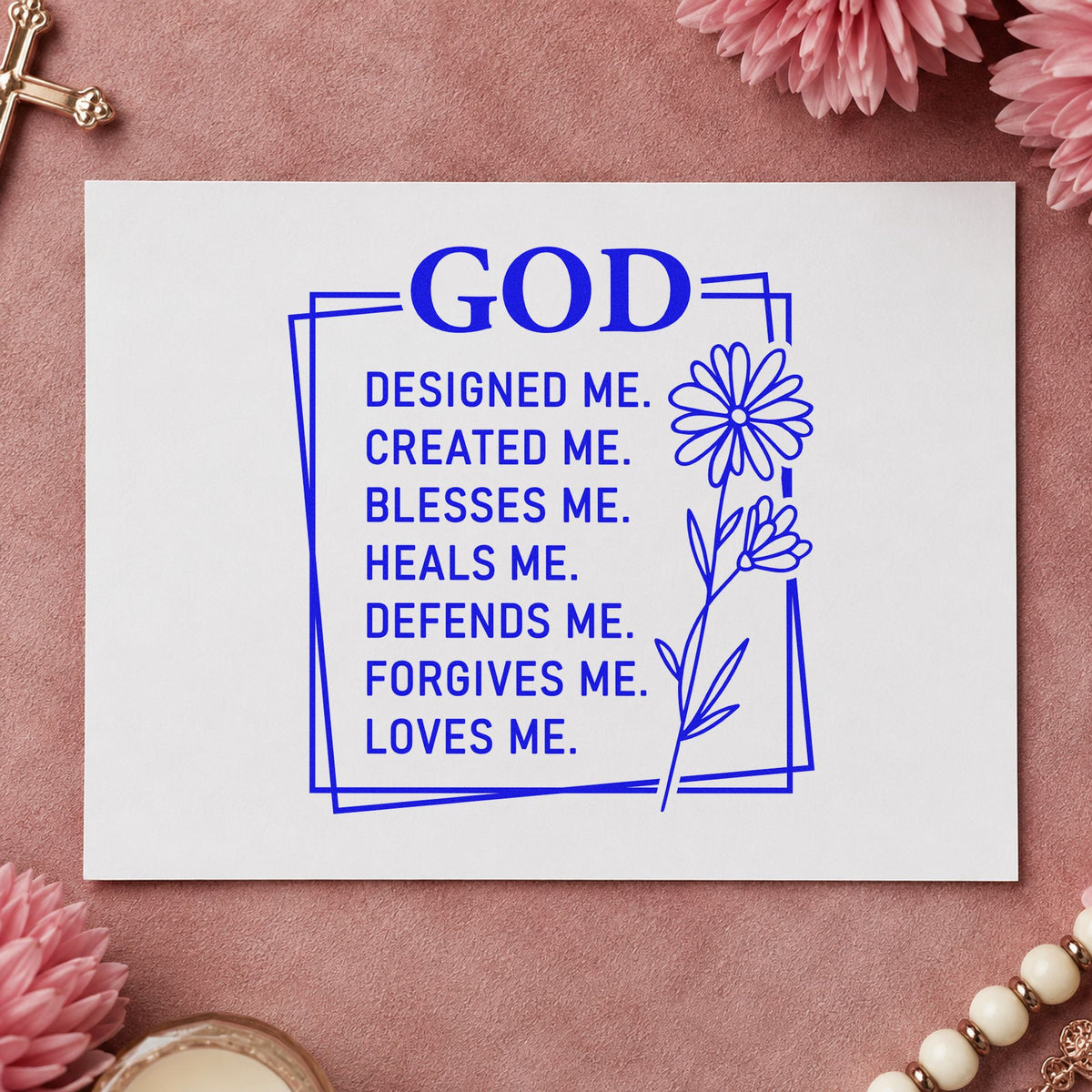 God Designed Me craft stamp in blue ink on cardstock, an easy option for sunday school crafts.