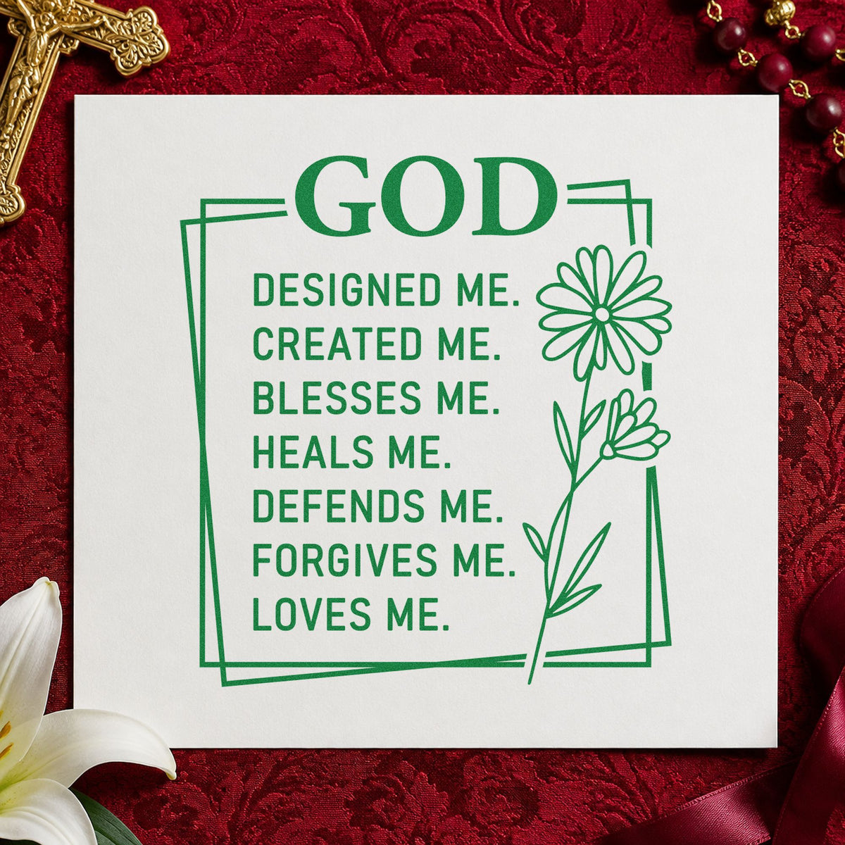 God Designed Me craft stamp imprint in green ink on a handmade project, one idea being lunchbox notes.